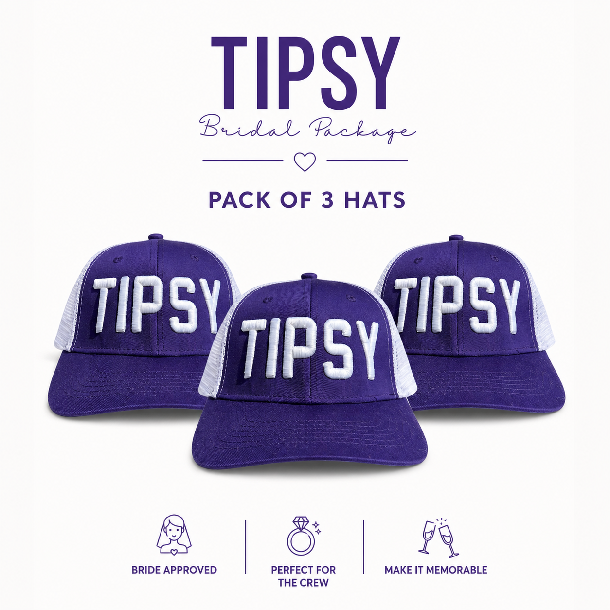 Tipsy Hat Purple & White 3 Bridal Pack