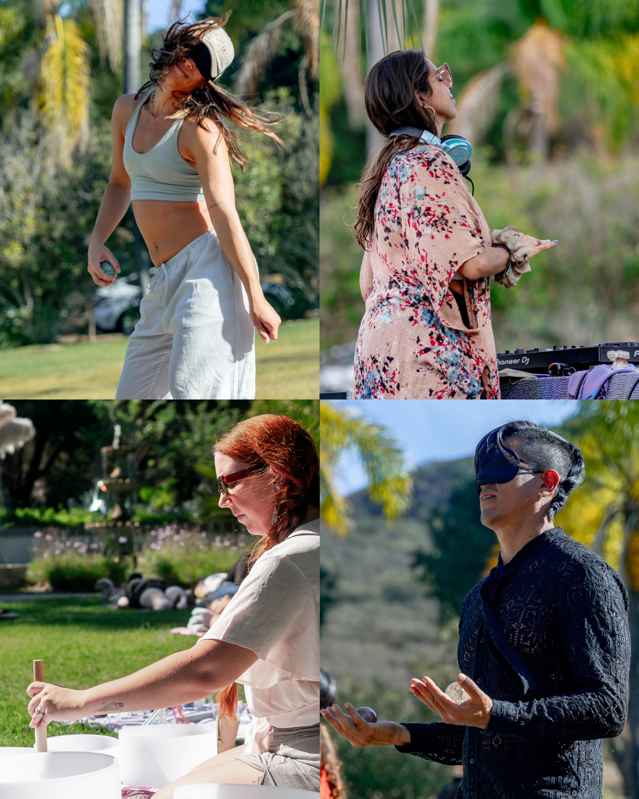 a redhead woman uses crystal singing bowls to give a soundbath in the greenery of nature, a man and a woman hold crystals as they dance and meditate to edm, a woman sets an intention as she delivers an edm ecstatic dance dj set