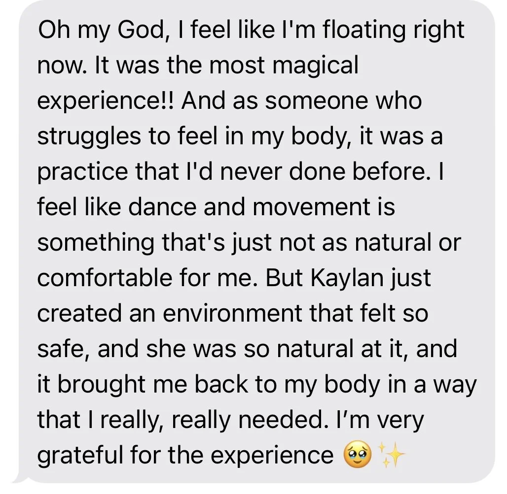 Screenshot of a text message expressing feelings of joy and gratitude after a dance or movement experience.