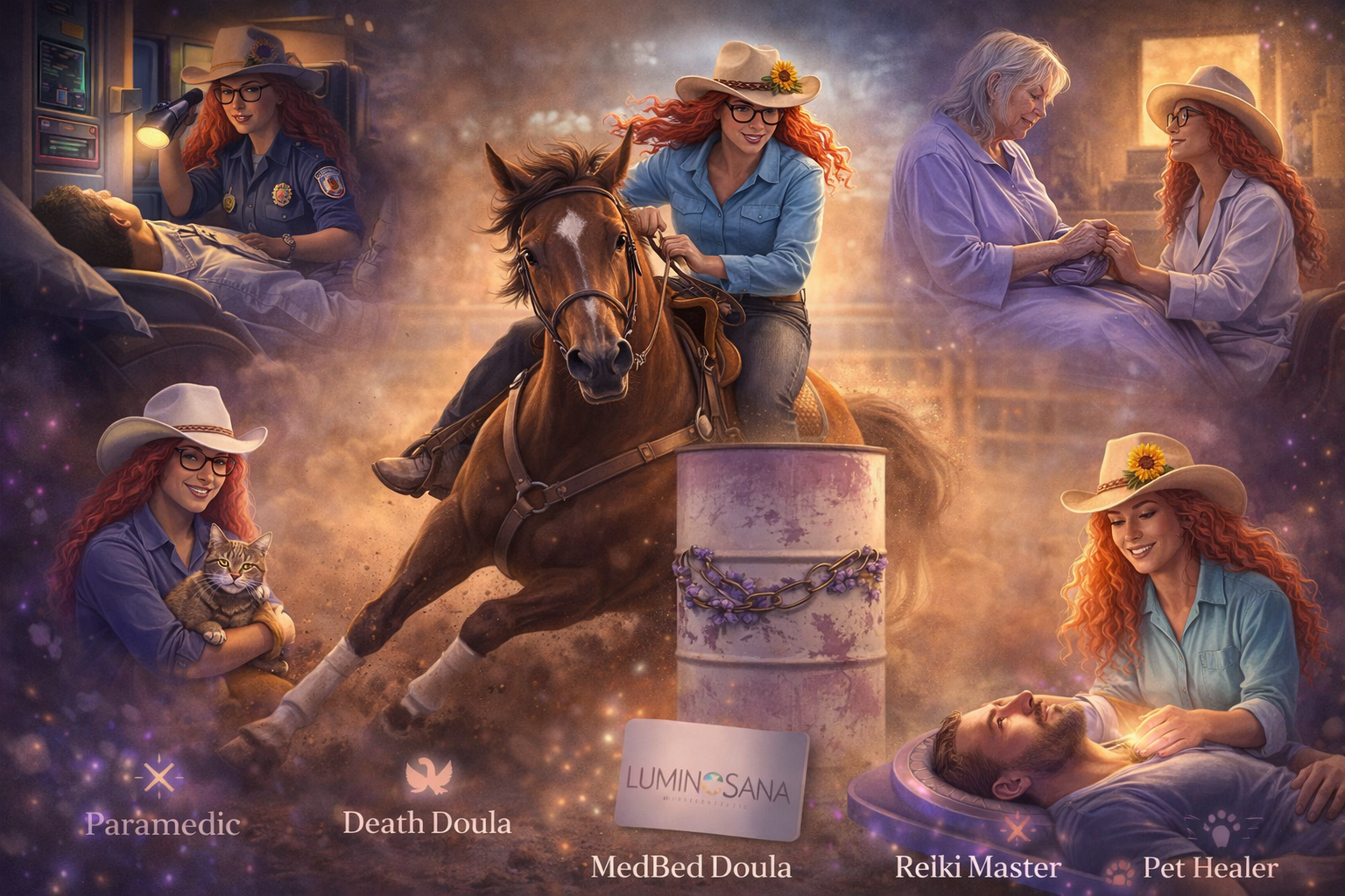 A collage of various scenes featuring a red-haired woman in a cowboy hat and glasses. She is shown as a paramedic attending to a patient, riding a horse, caring for a cat, performing Reiki, and performing pet healing. The scene has a mystical, magical atmosphere with glowing effects. There are labels for different roles like 'Paramedic,' 'Death Doula,' 'MedBed Doula,' 'Reiki Master,' and 'Pet Healer,' along with a 'LUMINOSA' logo.