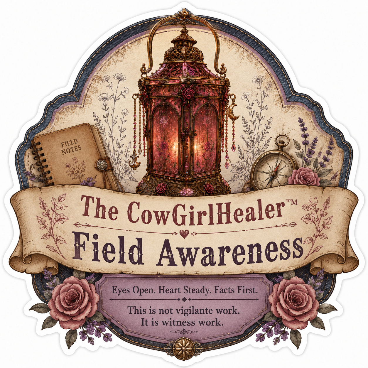 Decorative emblem for The CowGirlHealer Field Awareness featuring an ornate lantern, a pocket watch, a field notes notebook, and flowers, with the motto 'Eyes Open. Heart Steady. Facts First. This is not vigilante work. It is witness work.'
