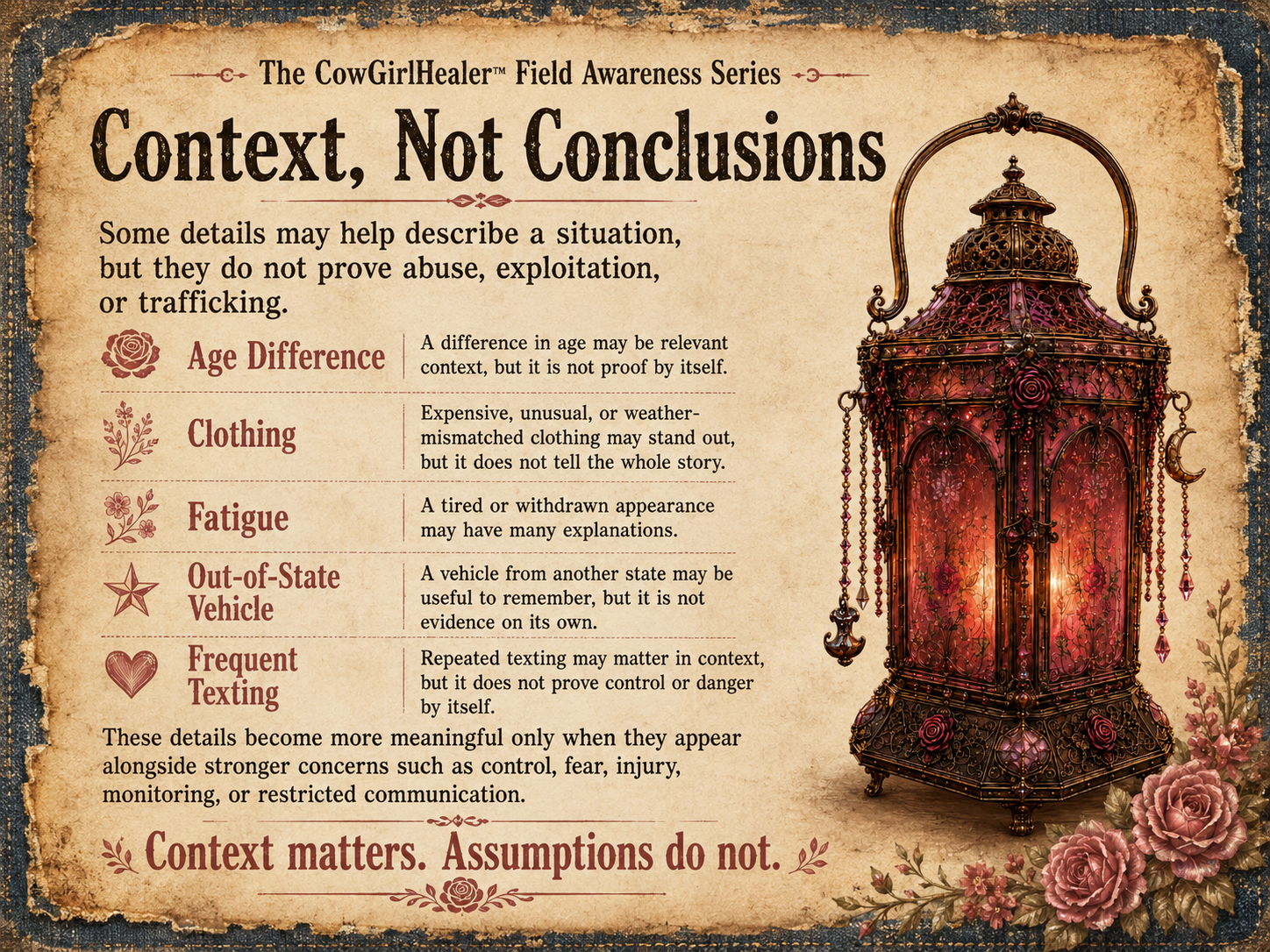 An informational poster titled 'Context, Not Conclusions' from The CowGirlHealer Field Awareness Series, with a vintage design and a decorative lantern on the right side, accompanied by a bouquet of roses at the bottom right corner.
