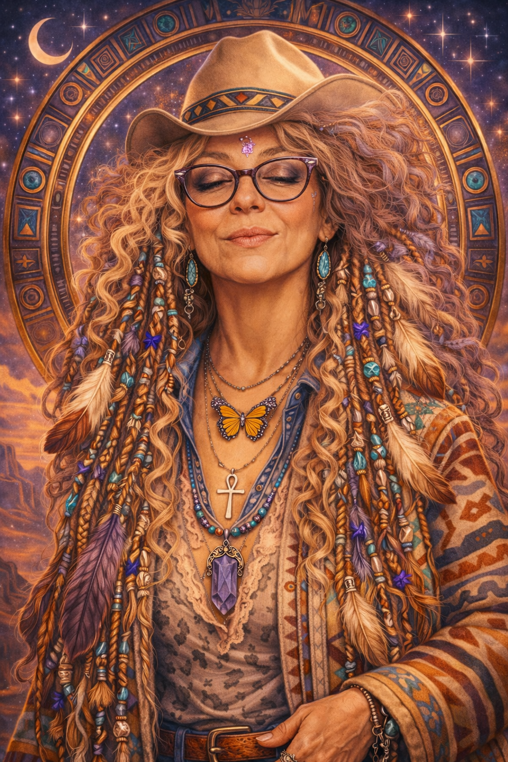A woman with long, curly hair styled with colorful beads and feathers, wearing glasses, a cowboy hat, layered necklaces including a cross and an ankh, and a patterned jacket, standing in front of a cosmic background with stars, moon, and a zodiac circle.