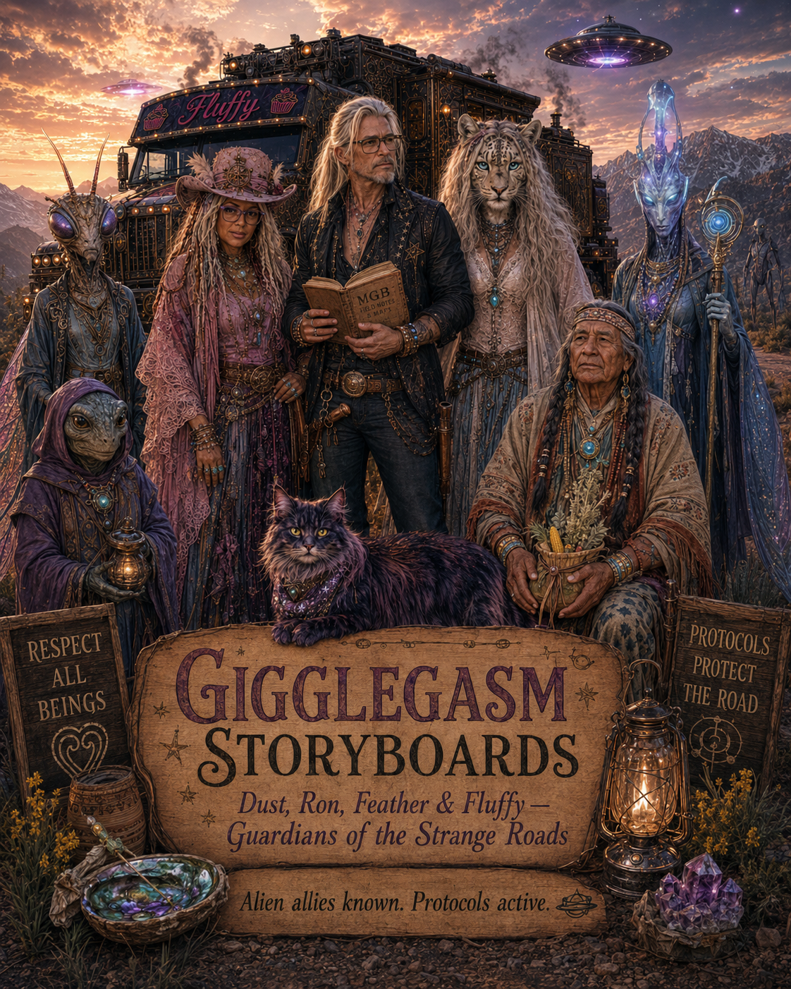 A diverse group of humans and aliens dressed in fantasy and steampunk clothing, gathered outdoors at sunset with mountains in the background. There are signs that say 'Respect All Beings' and 'Protocols Protect the Road.' The scene features a large bus labeled 'Fluffy,' various mystical creatures including a lion-headed alien, a cat, and an insectoid alien, along with glowing objects and alien technology. A central sign reads 'GiggleGasm Storyboards' with a tagline about alien allies and protocols.