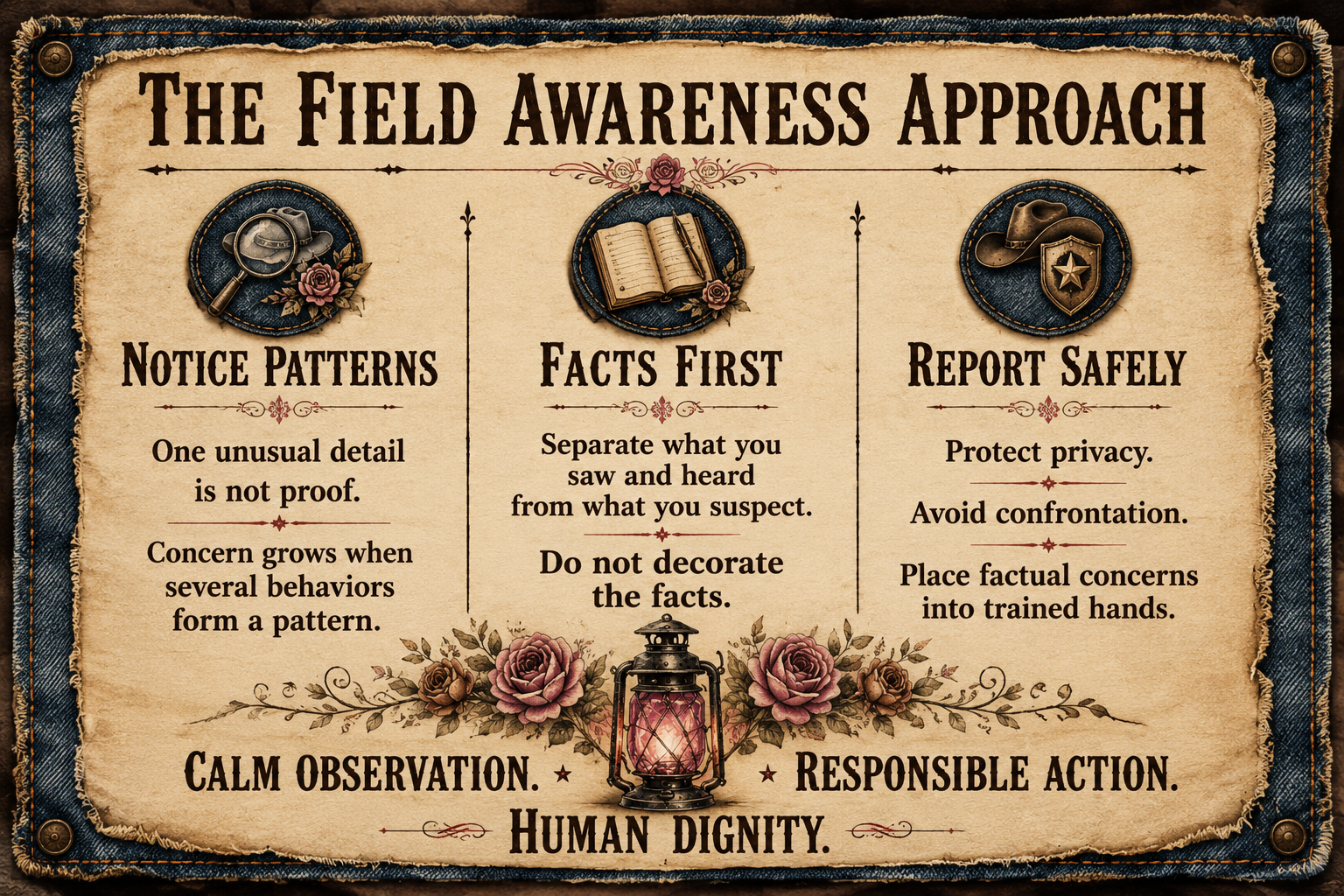 A vintage-style poster titled 'The Field Awareness Approach' with three sections: 'Notice Patterns' with a magnifying glass icon, 'Facts First' with an open book icon, and 'Report Safely' with a sheriff's badge icon. The poster features decorative flowers, a lantern, denim border, and written instructions for observation and reporting.