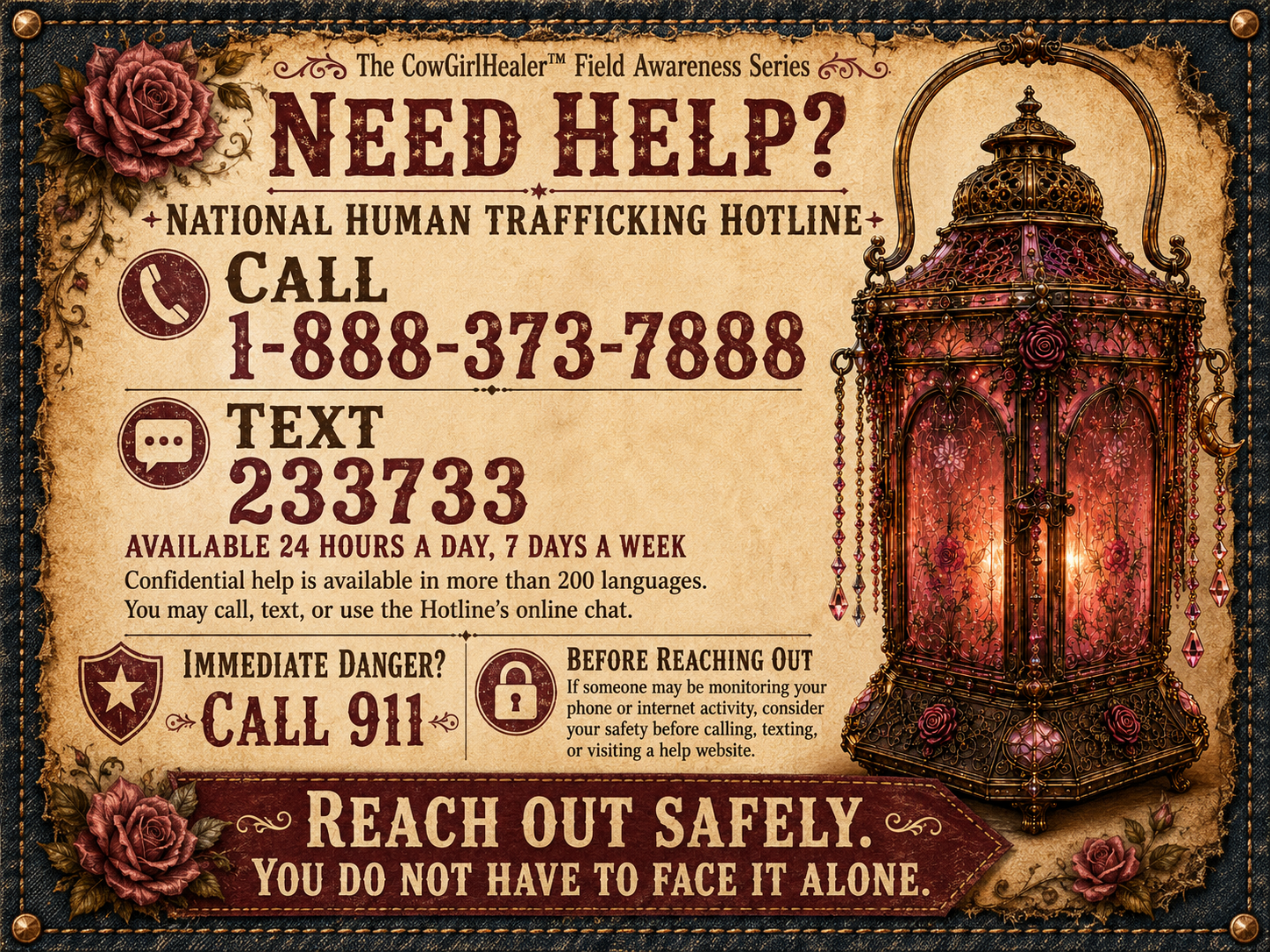 A vintage-style poster with roses and a lantern advertising a national human trafficking hotline. It provides a phone number, a texting number, and tips for safety and immediate danger. Has a decorative background.