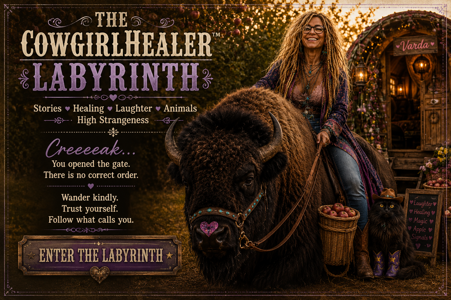 A woman with long curly hair, glasses, and bohemian clothing riding a large, curly-haired bison with a basket of apples on the side. There is a black cat wearing cowboy boots and a hat sitting next to the bison, and a decorated wooden wagon in the background with flowers and lights. The image features promotional text for 'The Cowgirlhealer Labyrinth' with themes of stories, healing, laughter, animals, and high strangeness.