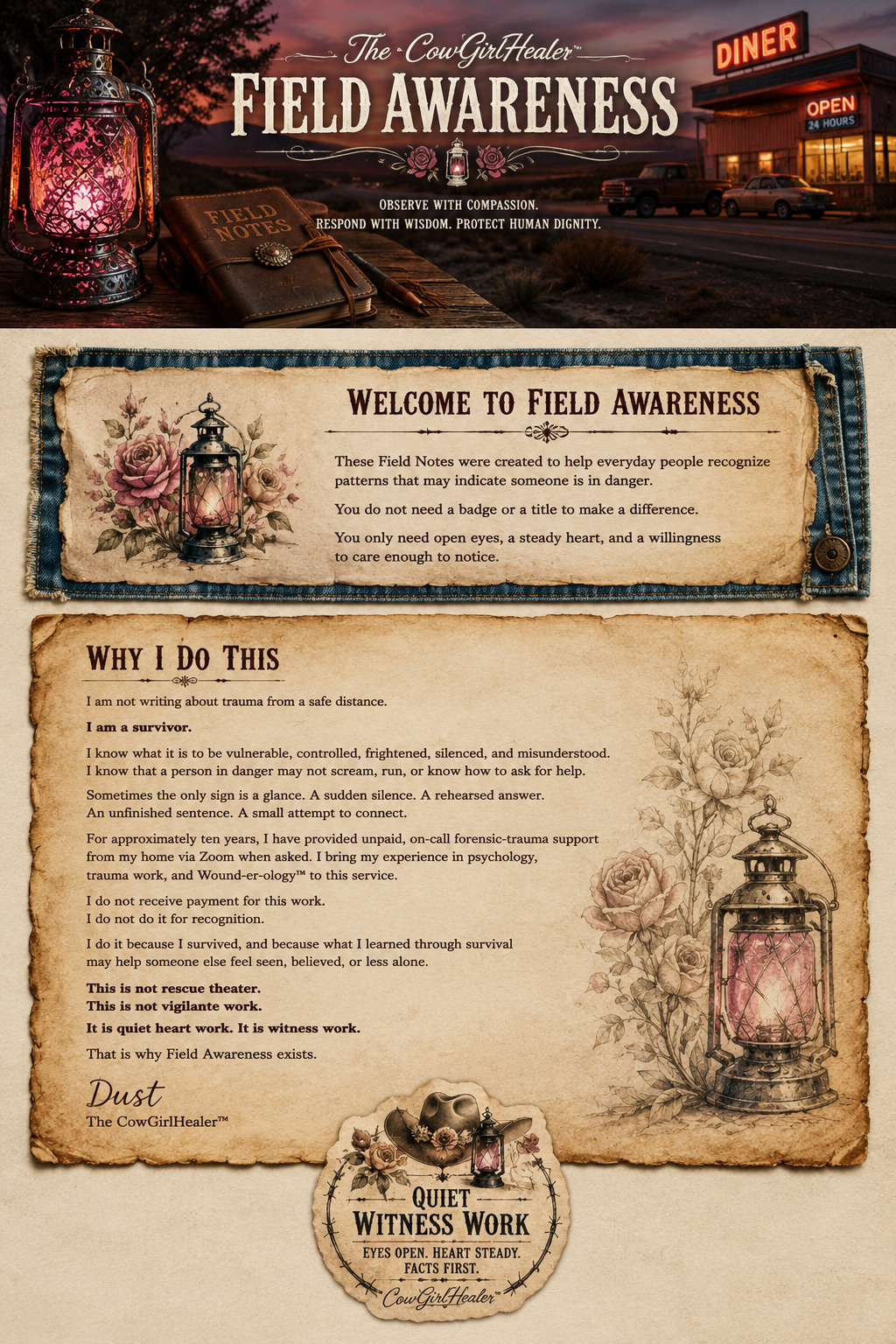 A collection of posters and flyers about the CowGirlHealer Field Awareness, with rustic and vintage design elements, featuring lantern illustrations, roses, and information about trauma recognition and support.