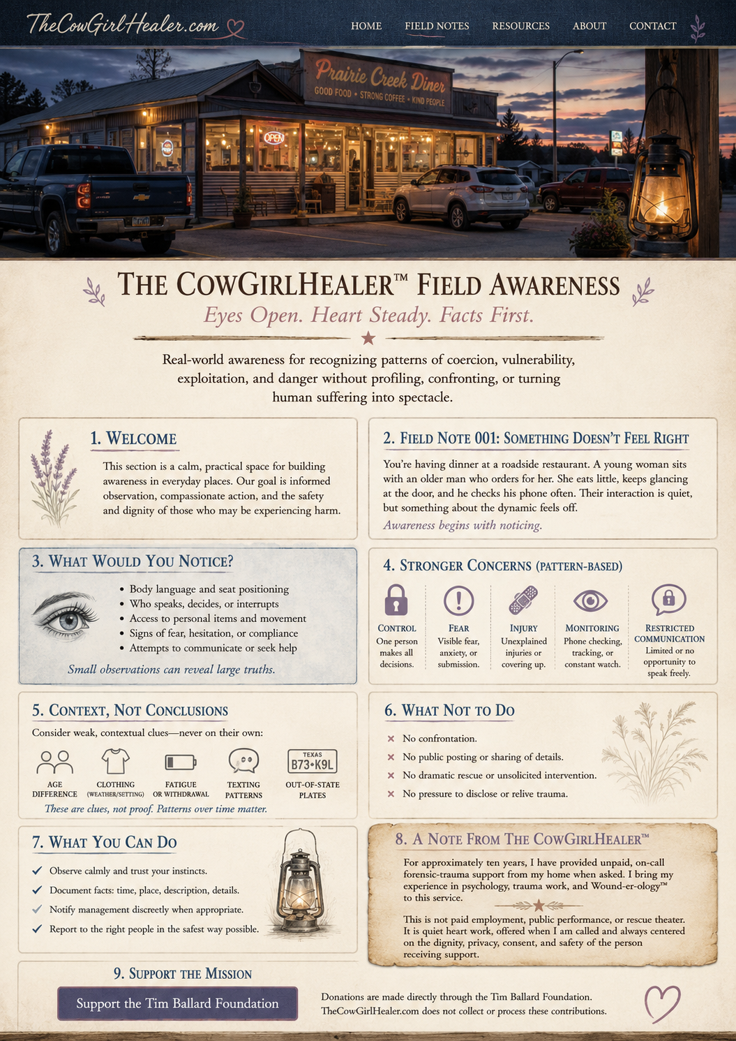 Website homepage for 'The CowGirlHealer' with a header image of a cozy roadside diner named "Prairie Creek Diner" at sunset, showing parked cars and outdoor lighting, and a section with guidelines for recognizing coercion, vulnerability, and exploitation.