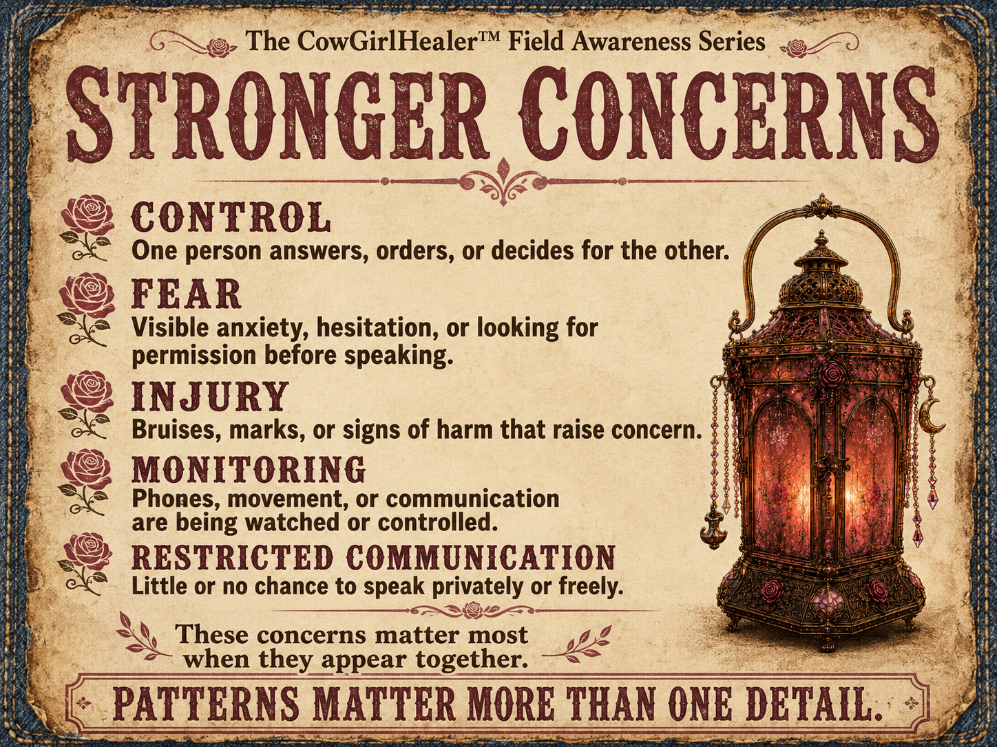 A vintage-style informational poster titled 'Stronger Concerns' with guidance on behavior when around cows. The poster lists five concerns: Control, Fear, Injury, Monitoring, and Restricted Communication, each with a brief description, and features a decorative lantern on the right side.