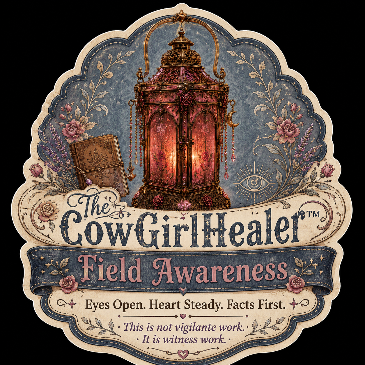 Decorative label with a vintage lantern, floral designs, and a closed book, promoting field awareness and healthy practices for the CowGirlHealer organization.