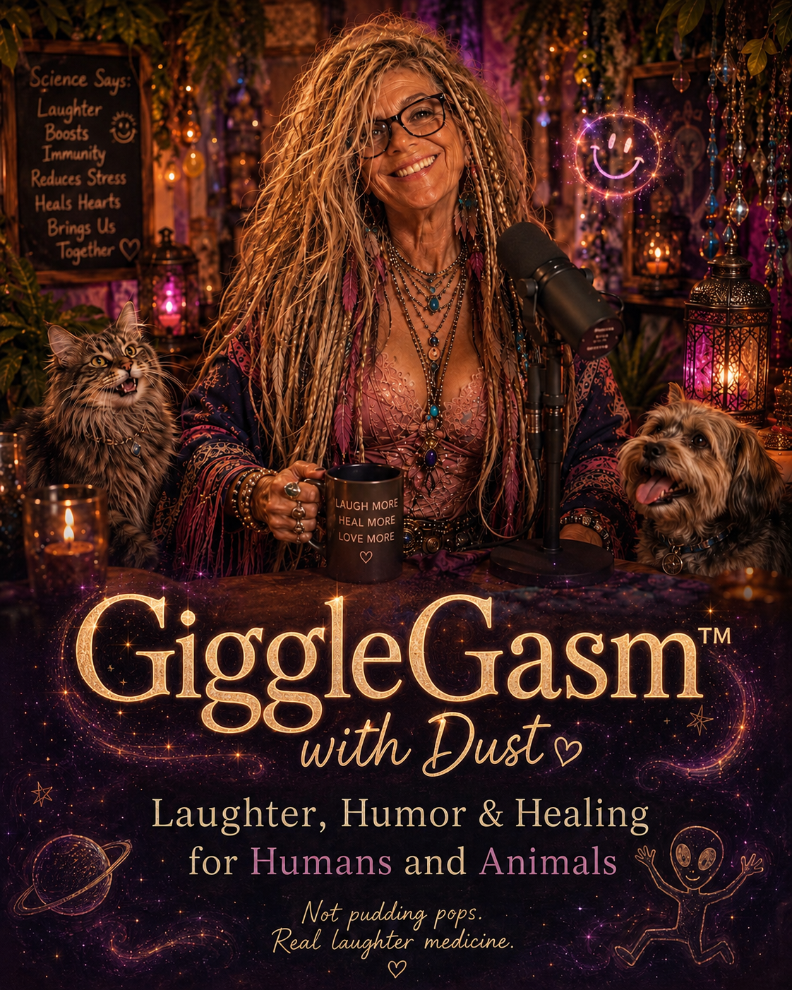 A woman with long curly hair and glasses smiles at a microphone in a decorated, cozy room with animals and warm lights. She holds a coffee mug that says "Laugh More Heal More Love More". There is a cat on her left and a dog on her right. A chalkboard in the background reads "Science Says: Laughter Boosts Immunity, Reduces Stress, Heals Hearts, Brings Us Together." The foreground has the text "GiggleGasm with Dust - Laughter, Humor & Healing for Humans and Animals" and a tagline "Not pudding pops. Real laughter medicine."