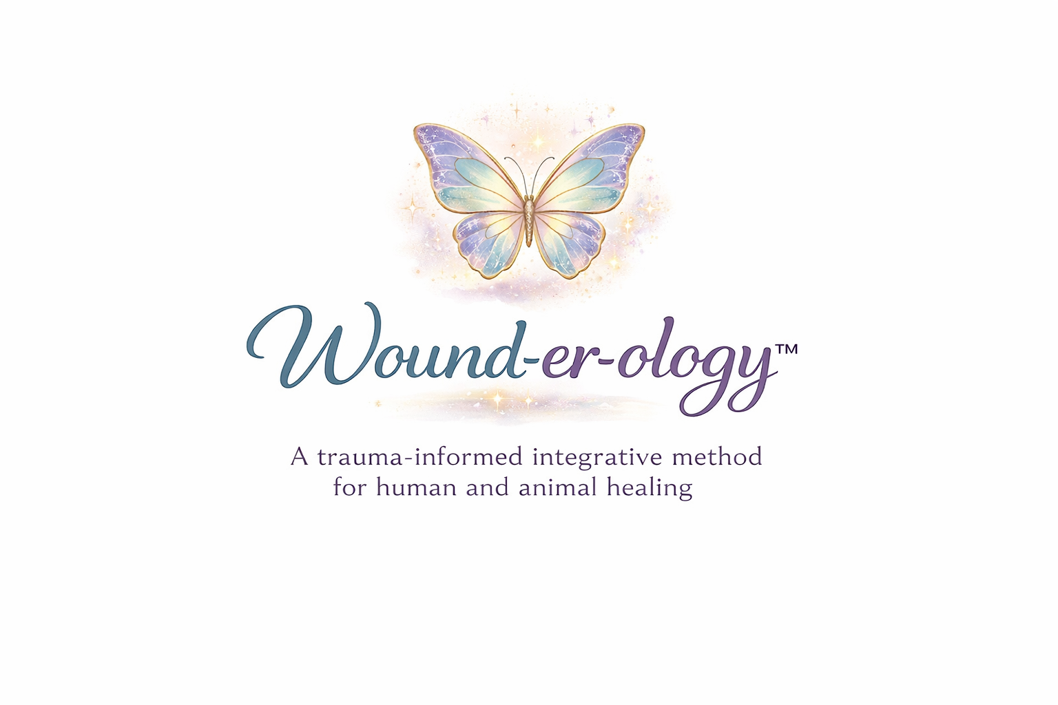 Wound-er-ology logo with a watercolor butterfly and the tagline, 'A trauma-informed integrative method for human and animal healing.'