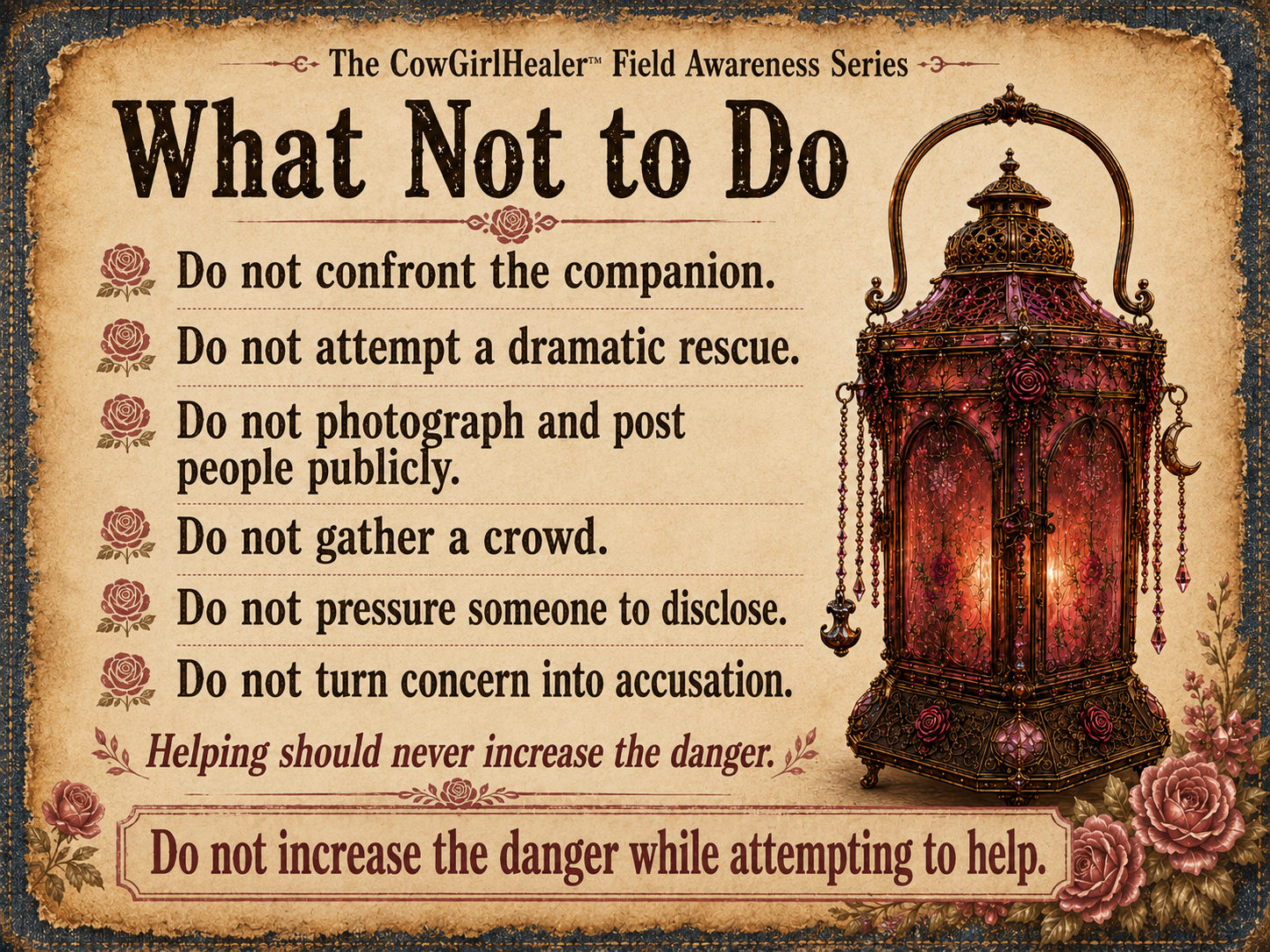Sign from CowGirlHealer's Field Awareness Series titled 'What Not to Do' with a list of instructions including 'Do not confront the companion,' 'Do not attempt a dramatic rescue,' 'Do not photograph and post people publicly,' 'Do not gather a crowd,' 'Do not pressure someone to disclose,' and 'Do not turn concern into accusation.' The sign has decorative roses and a vintage lantern illustration on the right side.