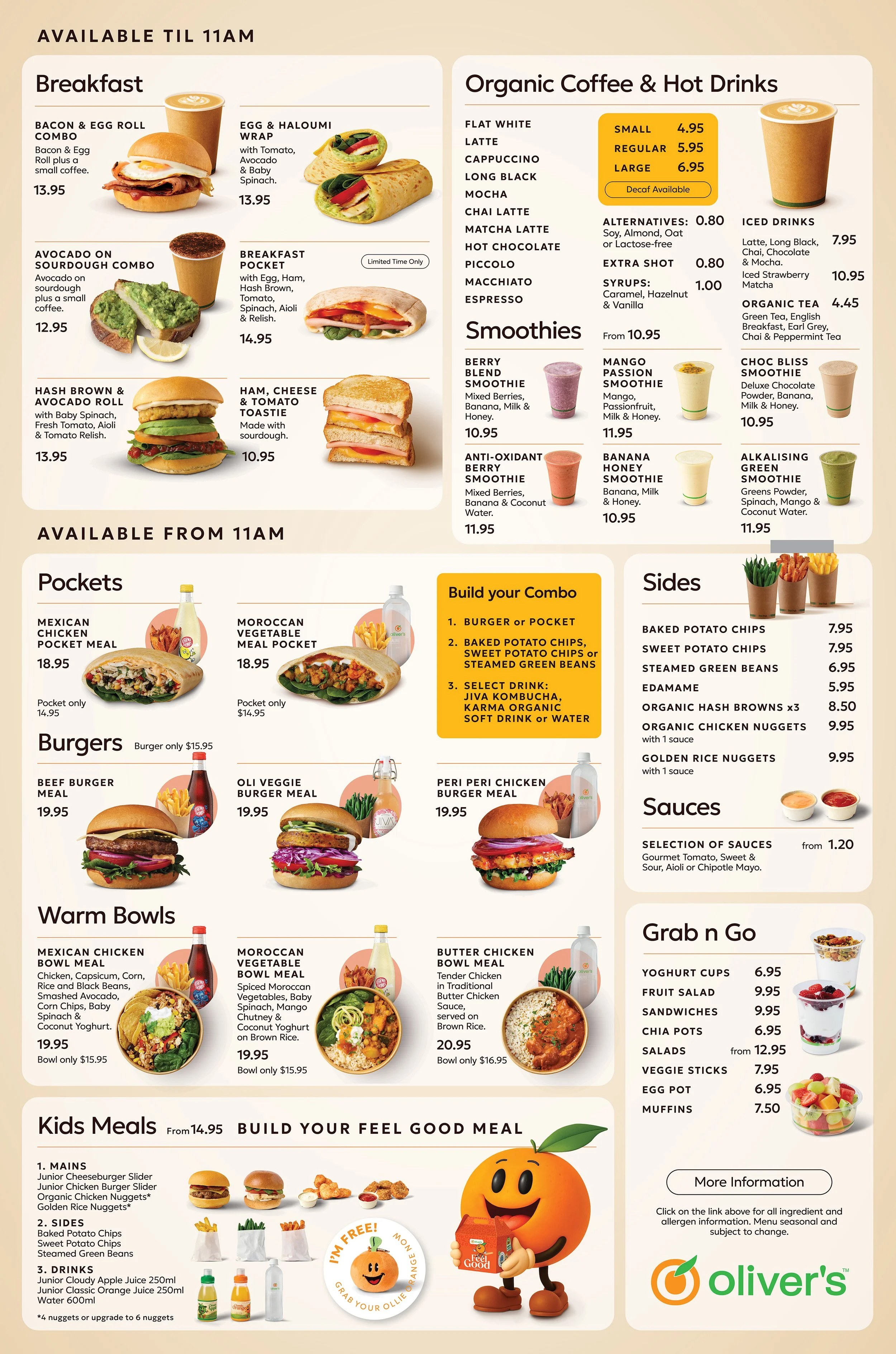 A restaurant menu featuring breakfast items, organic drinks, smoothies, pockets, burgers, warm bowls, kids' meals, sides, sauces, and grab-and-go options. Prices are listed for each item.