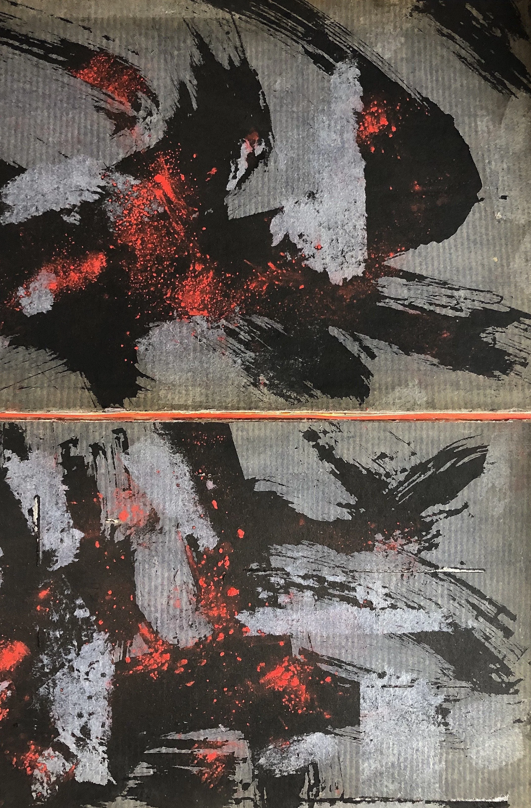 Abstract artwork with black, red, and gray paint splatters and strokes on a textured surface.