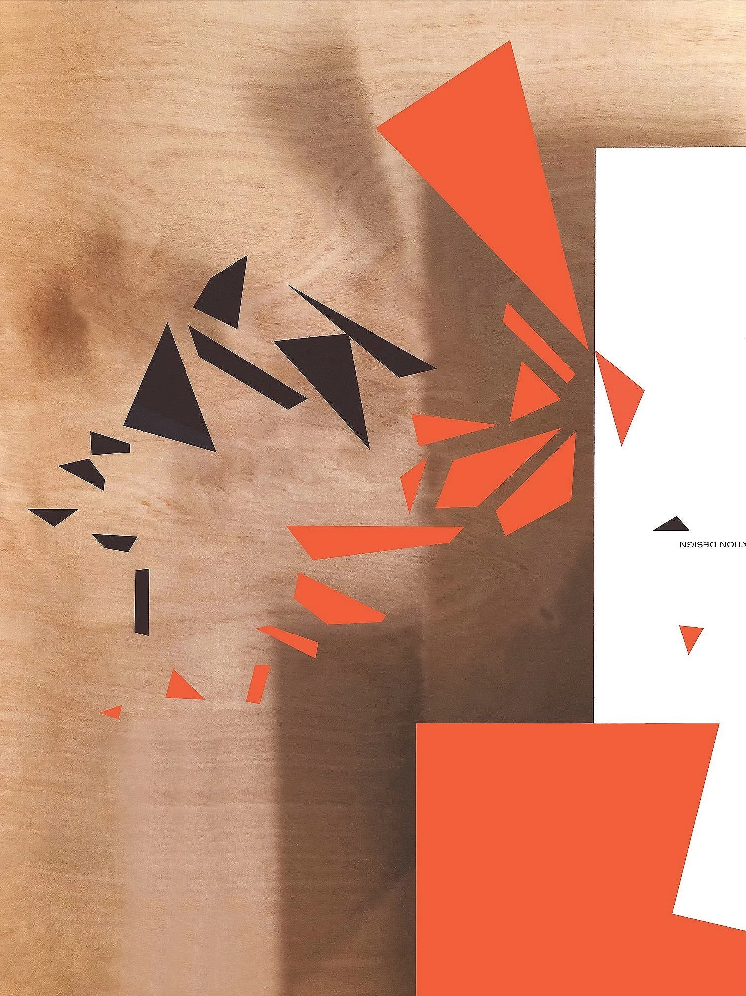 Abstract digital image with a textured background and geometric shapes in black and orange, with some text partially visible on the right side.