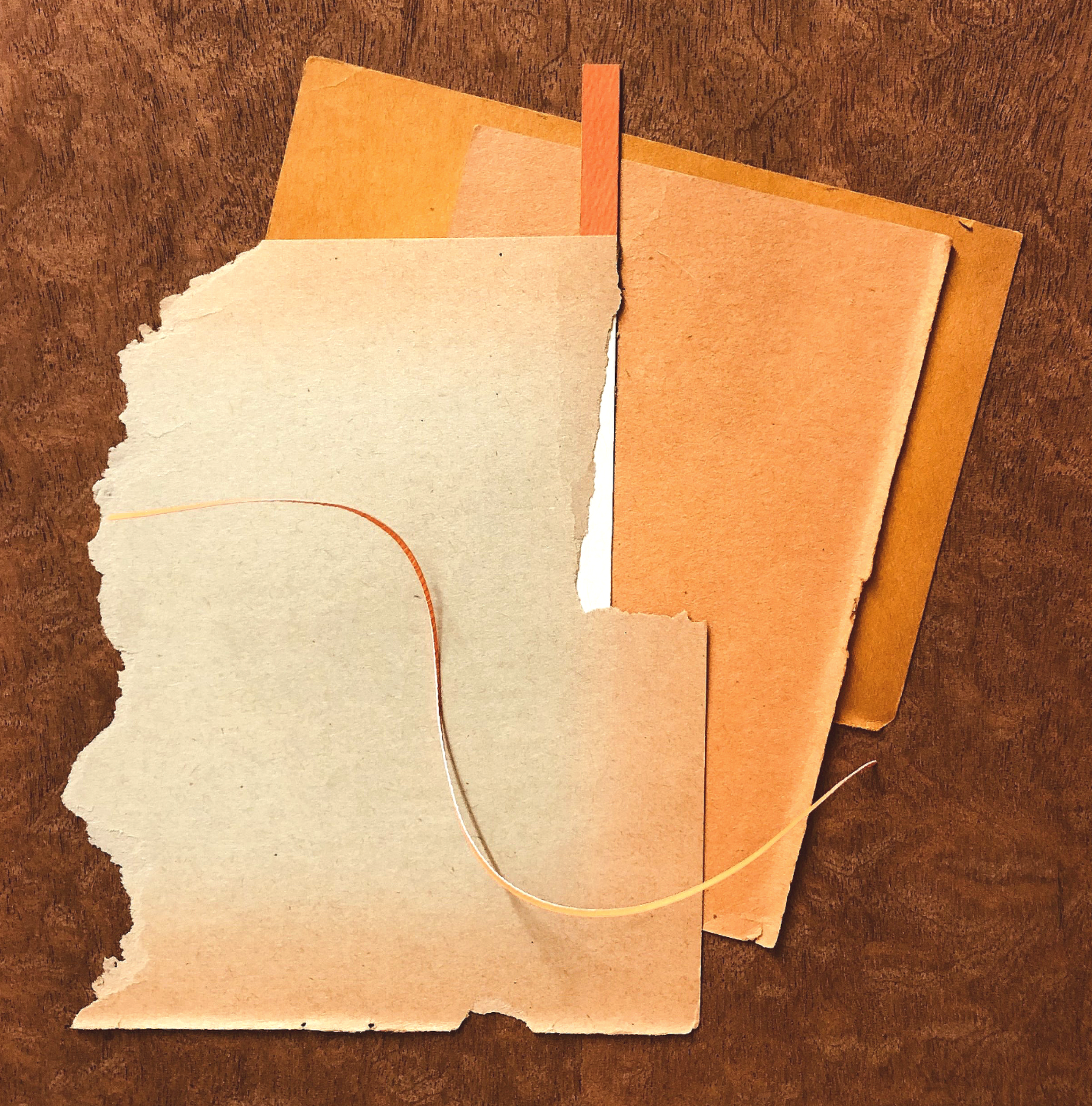 Several pieces of torn and cut paper in various shades of beige, orange, and brown arranged on a wooden surface.