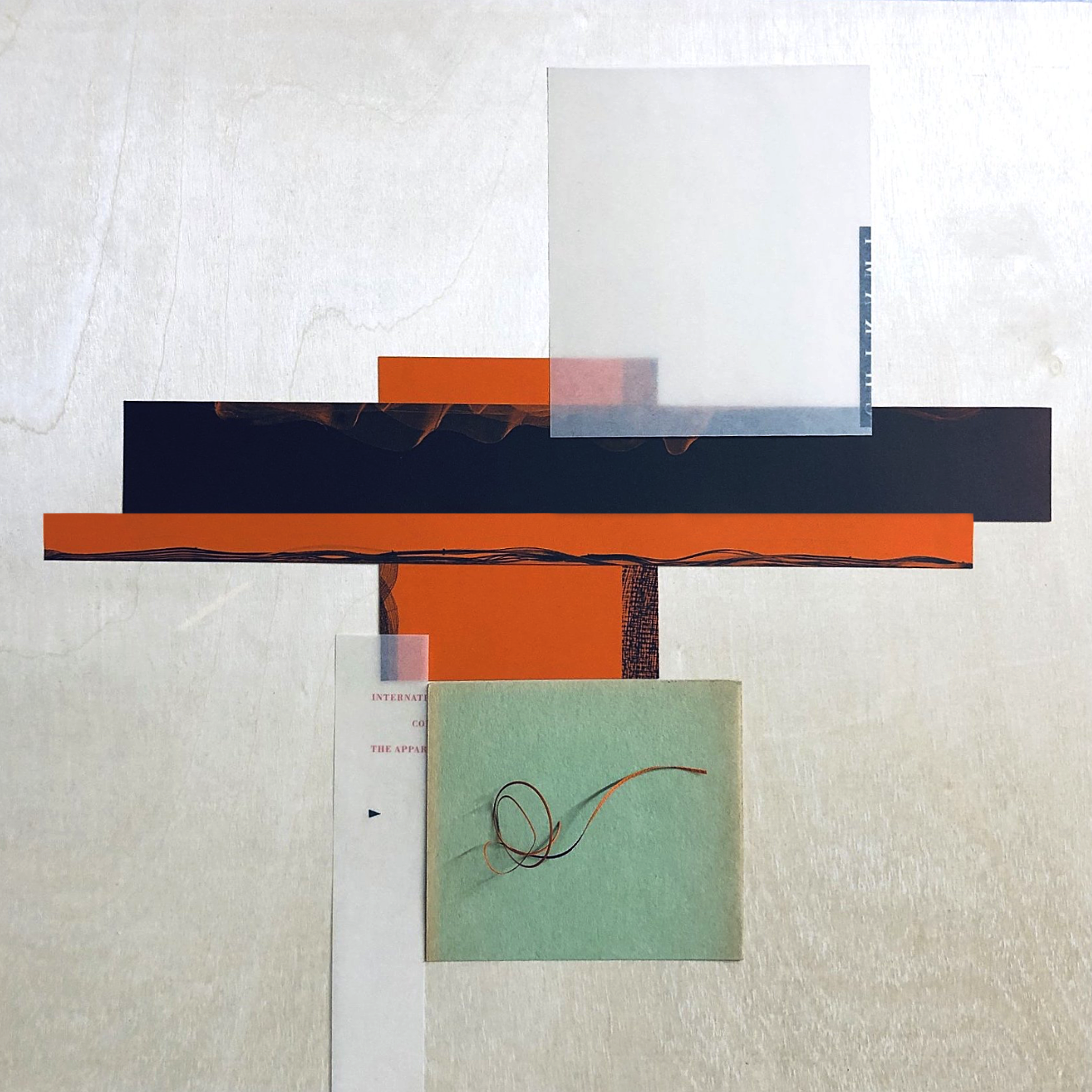 Abstract collage with layered paper strips in black, orange, green, and translucent colors arranged in a cross-like pattern on a light background.