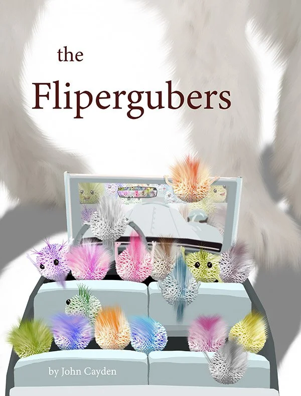 Book cover titled "The Fliperguers" by John Cayden, featuring colorful fuzzy creatures with googly eyes on a car dashboard with a mirror.