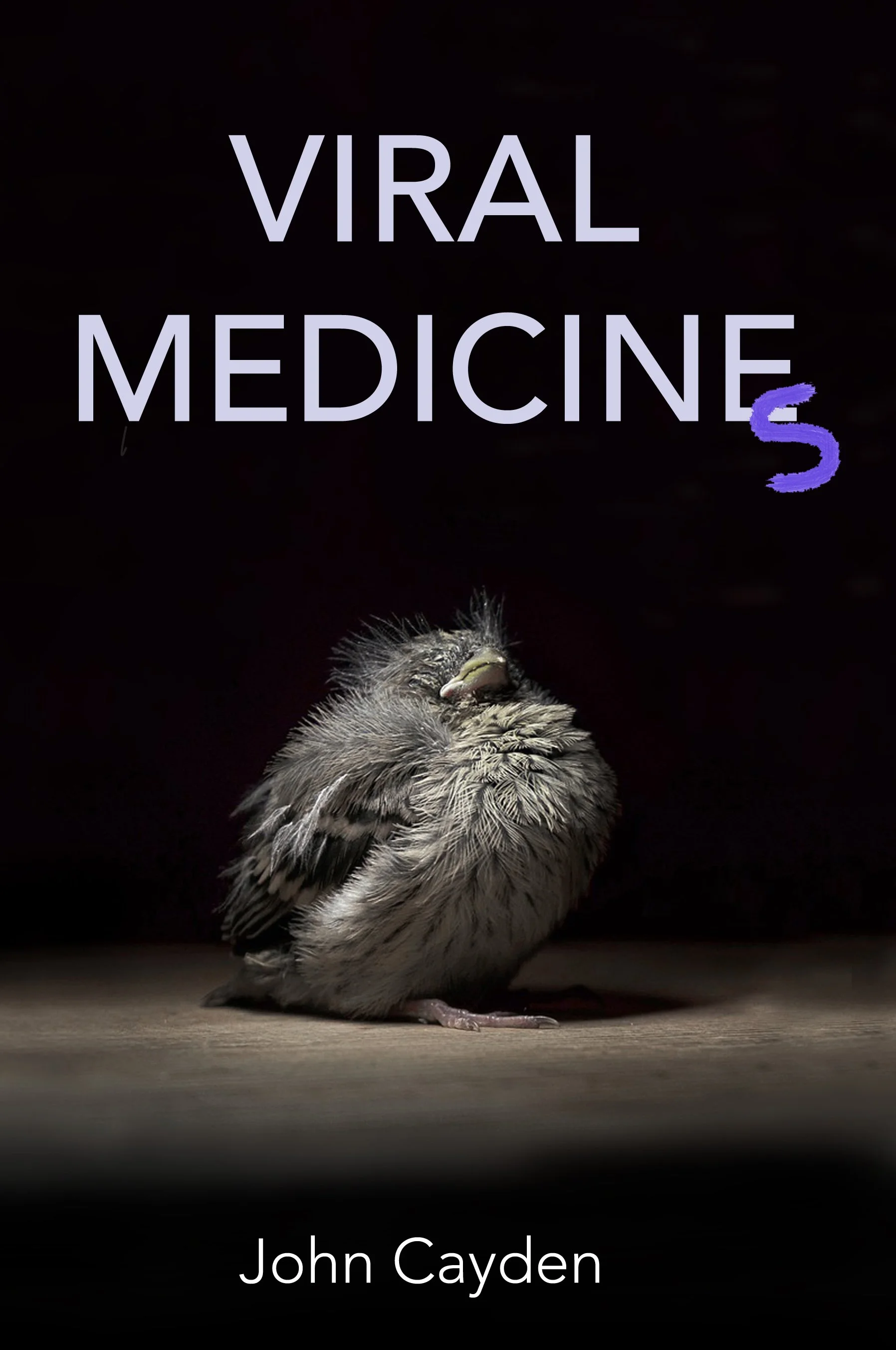 Book cover titled "Viral Medicine 5" by John Cayden, featuring a baby bird with damp feathers sitting on a wooden surface against a dark background.