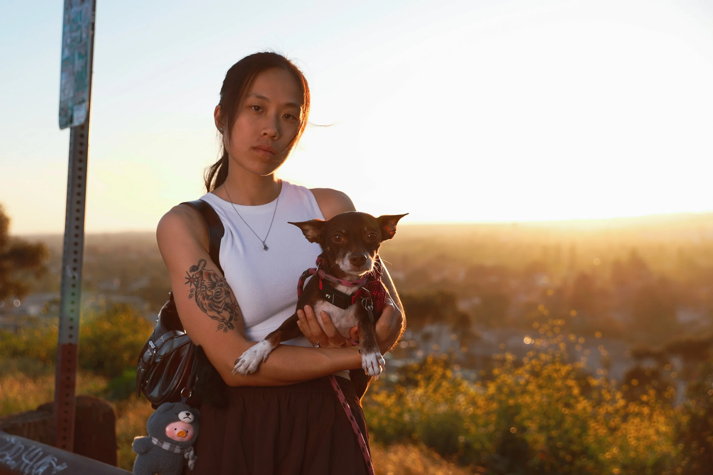 A woman with a tattoo on her arm, holding a small dog, standing outdoors during golden hour with a sunset in the background.