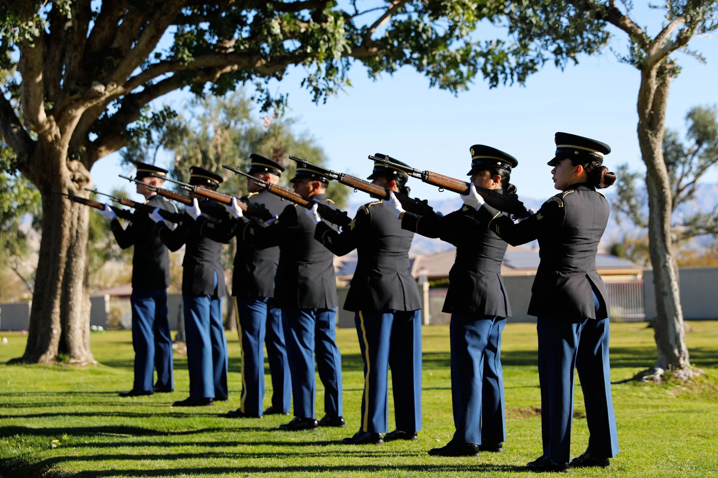 Six Soldiers in military uniforms standing outdoors, aiming rifles, under a large tree on green grass.