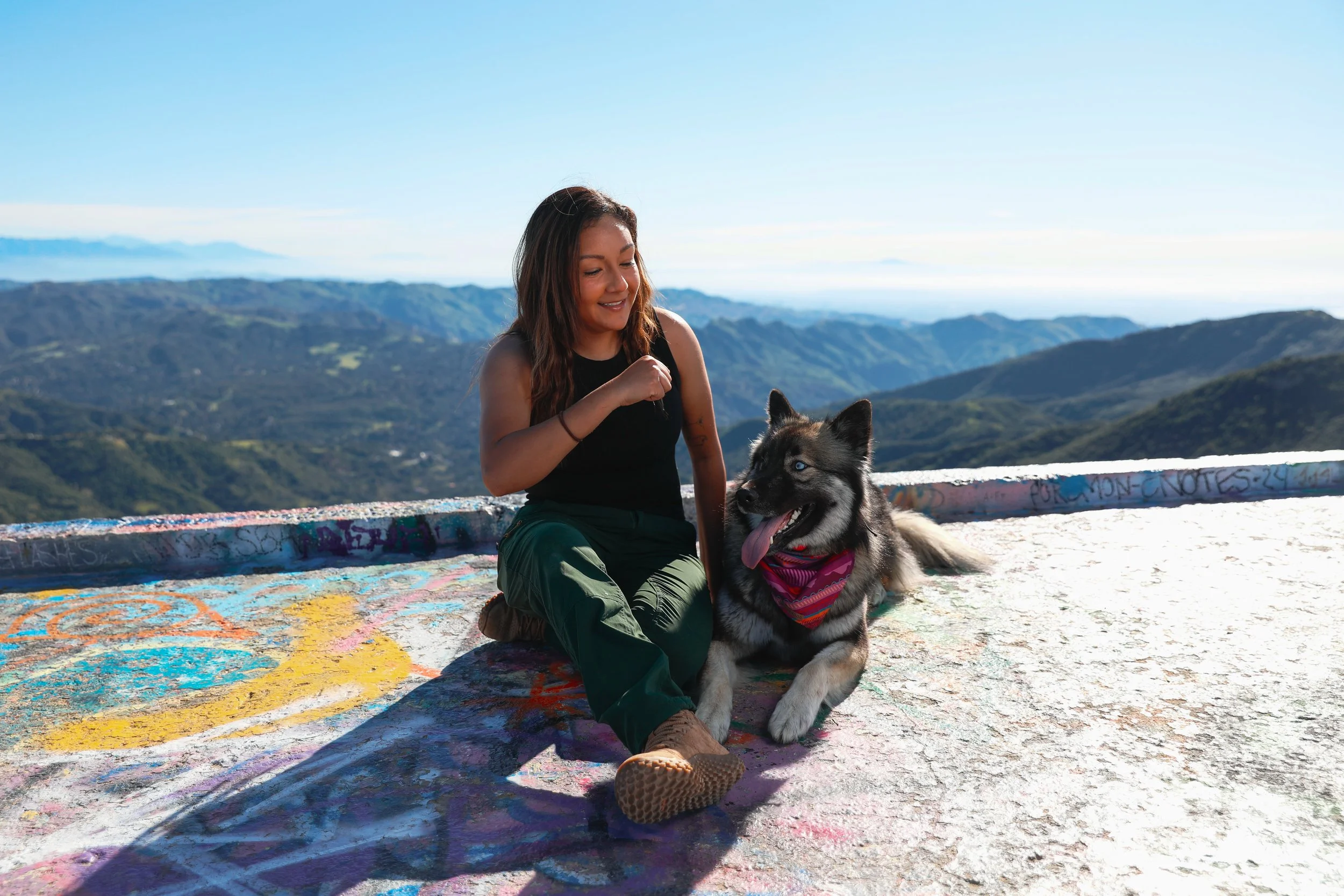 A woman with long brown hair is sitting on a gritty, graffiti-covered concrete surface at a mountain overlook with a large, fluffy Husky dog wearing a red bandana. They are surrounded by scenic mountain ranges under a clear blue sky.