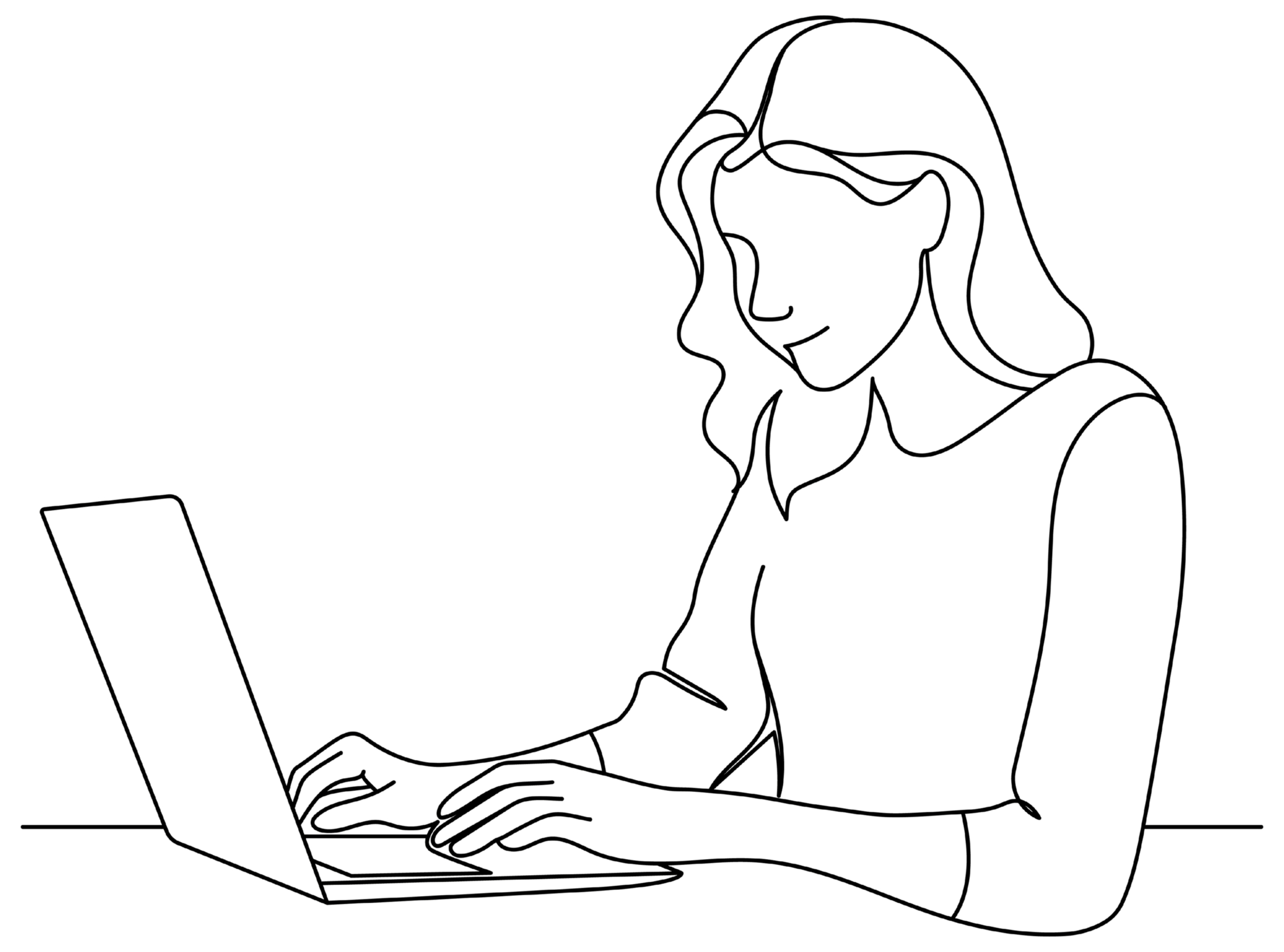 Line drawing of a woman sitting at a table, using a laptop.