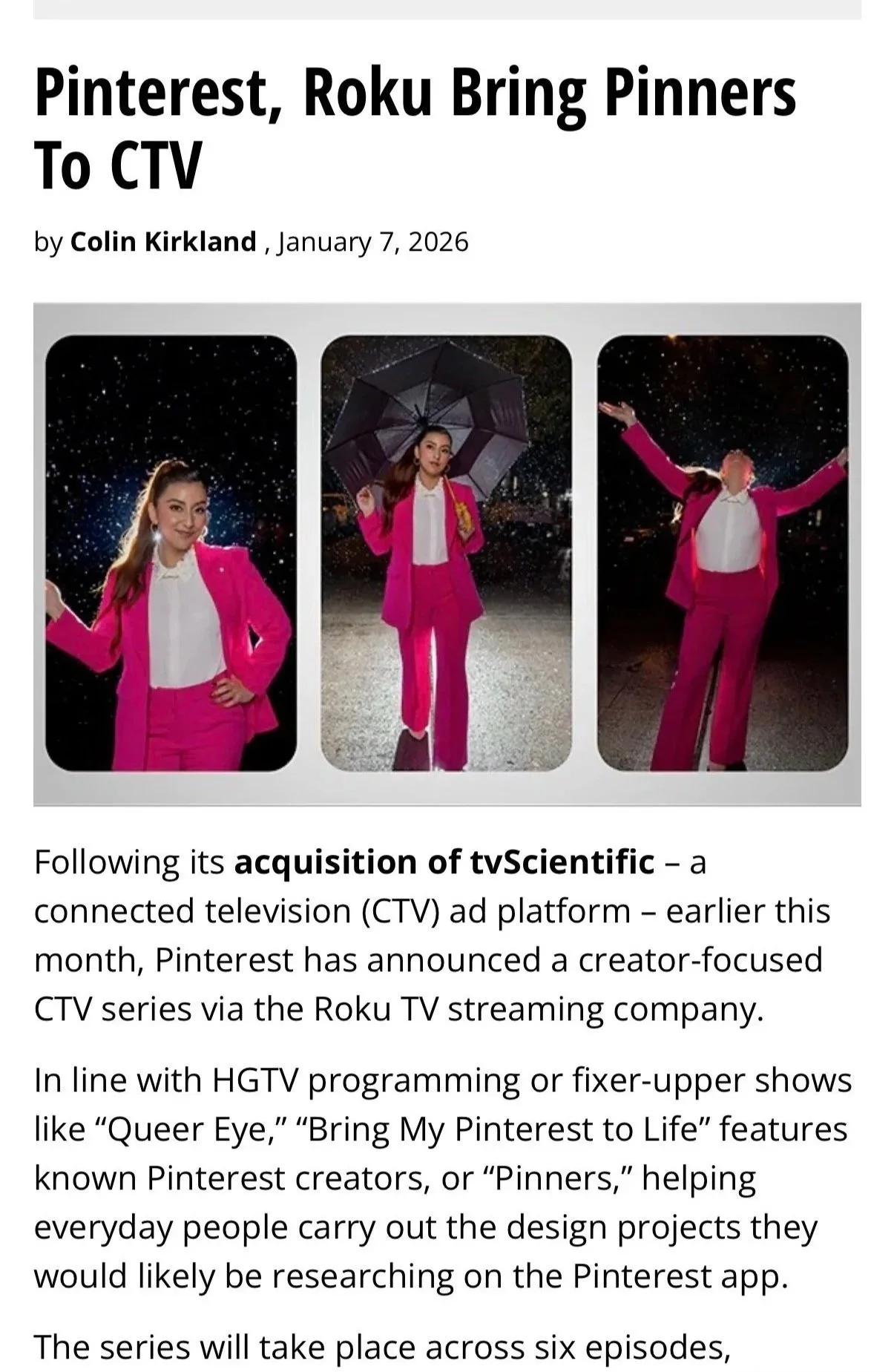 Valerie Villarreal on a promotional article about a Pinterest Show called Bring My Pinterest To Life on the Roku ad series.
