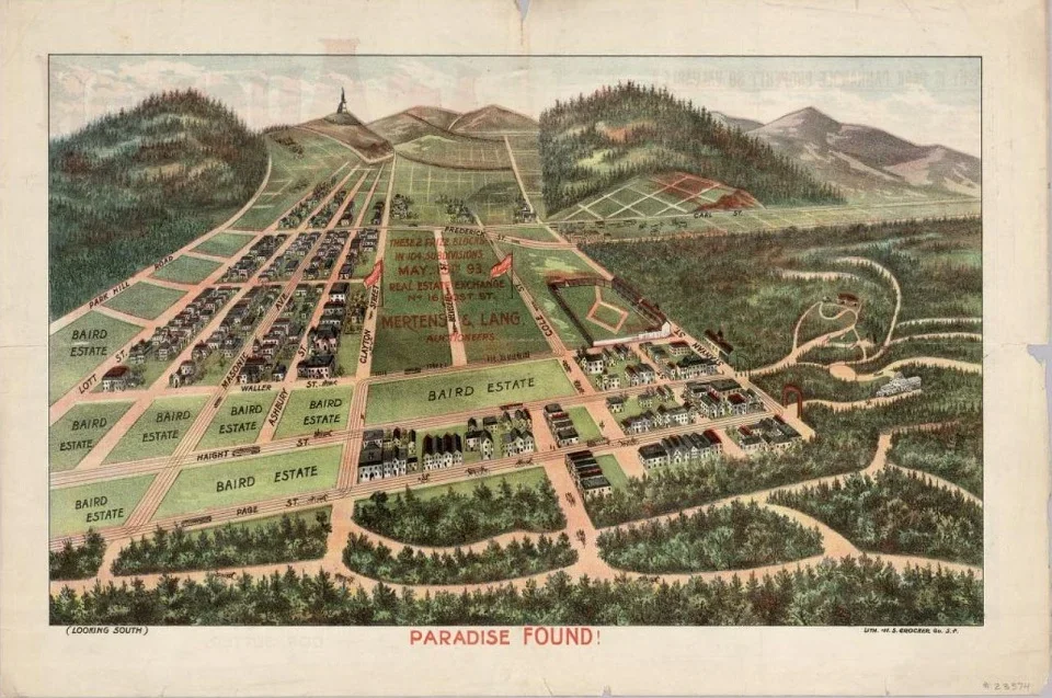 An 1893 color lithograph titled &lsquo;Paradise Found!&rsquo; showing a bird&rsquo;s-eye view looking south over the future Haight-Ashbury, its street grid dotted with houses and numerous plots labeled &lsquo;Baird Estate.&rsquo;