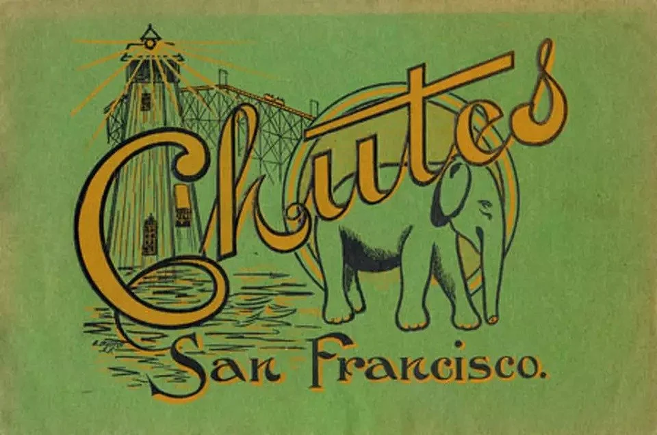 Vintage green-and-gold souvenir cover reading &lsquo;Chutes — San Francisco,&rsquo; illustrated with the illuminated chute tower, the long ramp, and an elephant from the park&rsquo;s zoo.