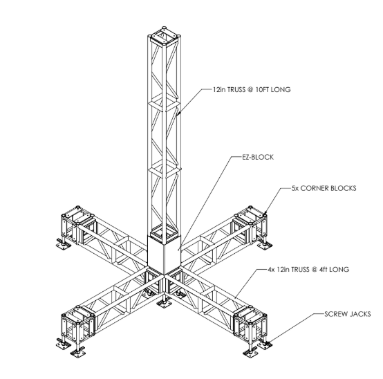 12 inch box truss tower using an EZBLOCK ballast with 4 way outriggers to support audio, lighting, and more. - Do it.
