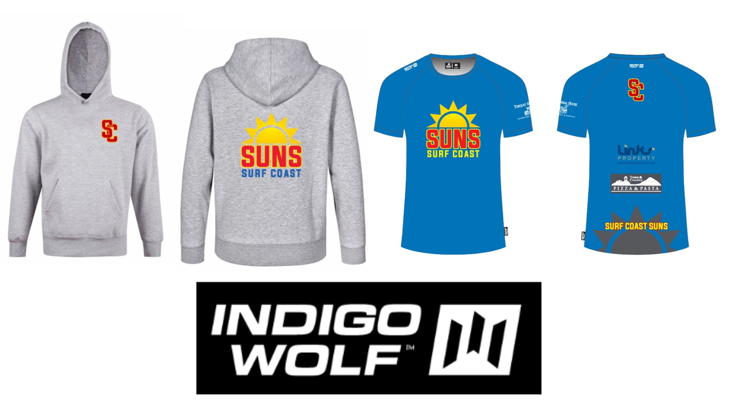 Three clothing items featuring the Suns Surf Coast logo and branding, including a gray hoodie, gray sweatshirt, and blue t-shirt, with a black and white Indigo Wolf logo below.