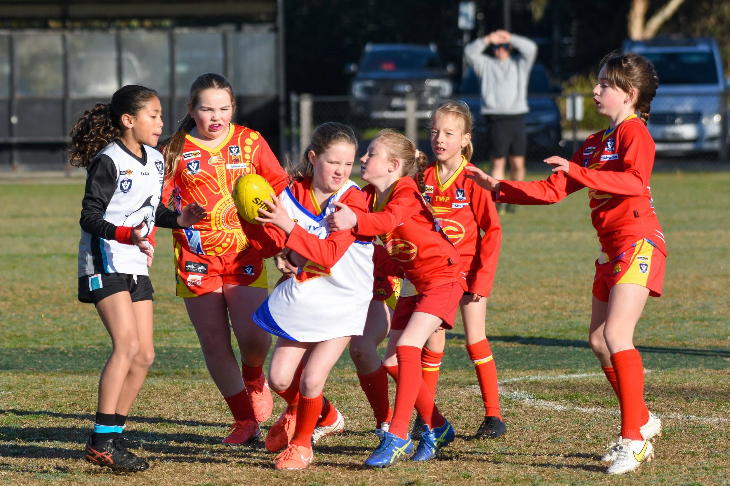 Girls playing Australian rules football on a field, with some girls in red uniforms and one in a white and blue uniform, fighting for possession of the yellow football while an adult in the background watches.