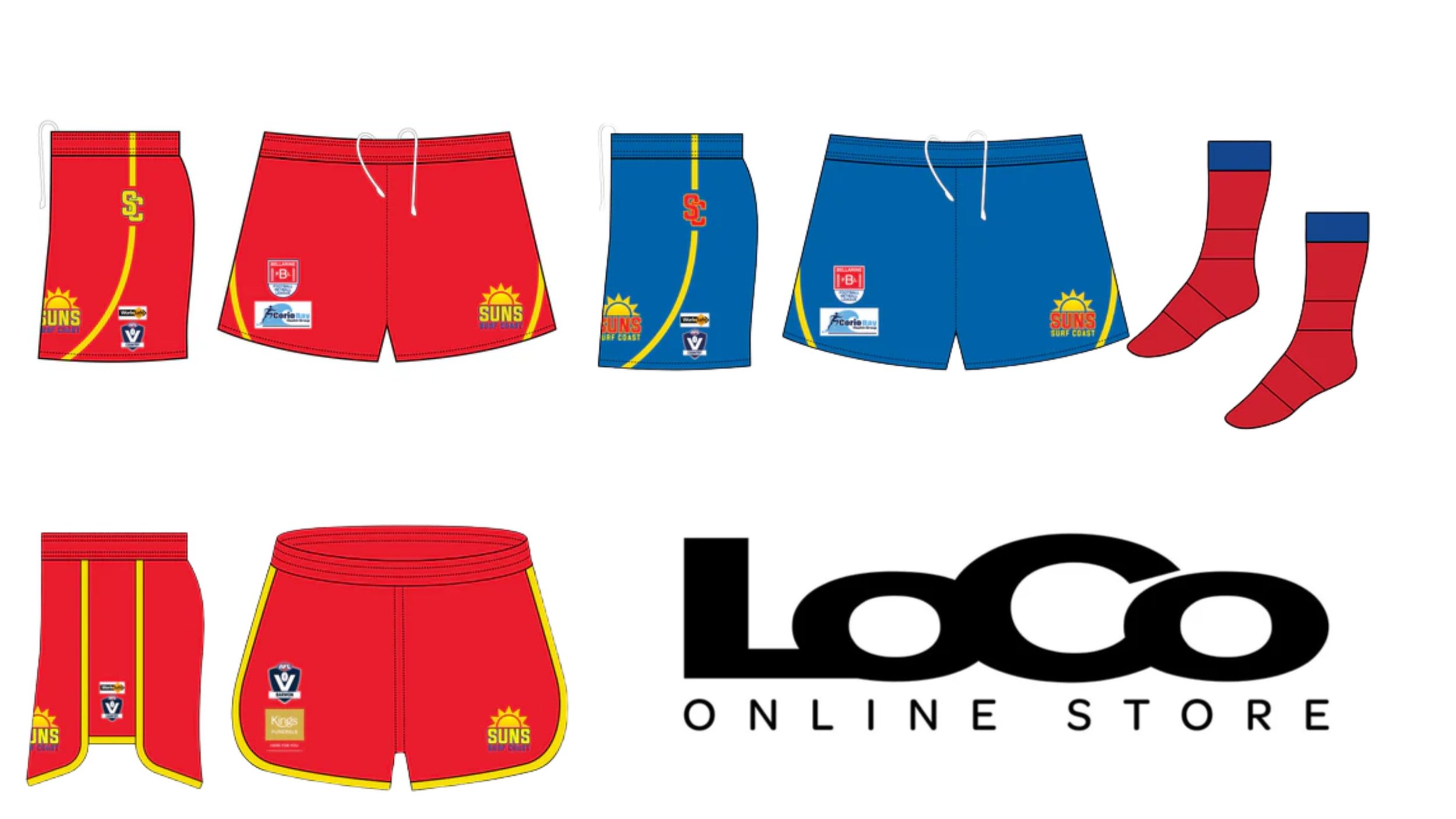 Illustration of red and blue surf shorts, red and blue shorts with yellow accents, and red socks with blue tops, showcasing a sports team merchandise collection. The image includes a logo for Laco Online Store.