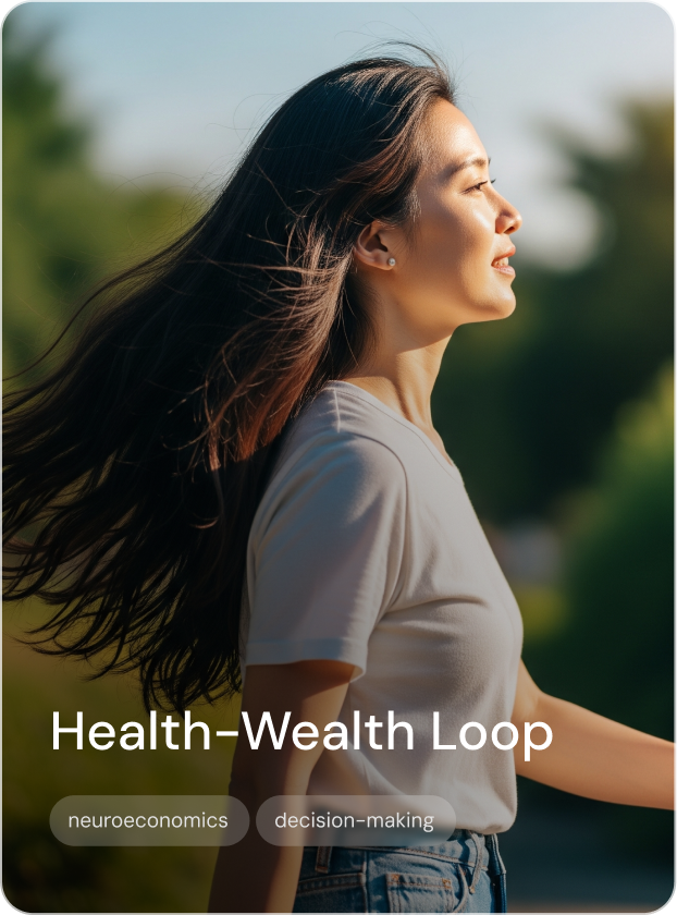 A young woman with long dark hair standing outdoors, enjoying the sunlight with a serene expression.