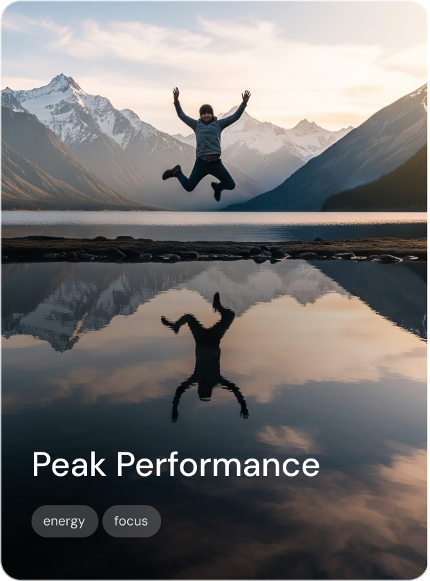 A person jumping in the air by a lake with snow-capped mountains in the background during sunset, with reflect on the water.