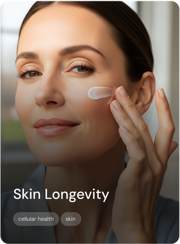 A woman applying moisturizer to her face with a cream container, promoting skin longevity.