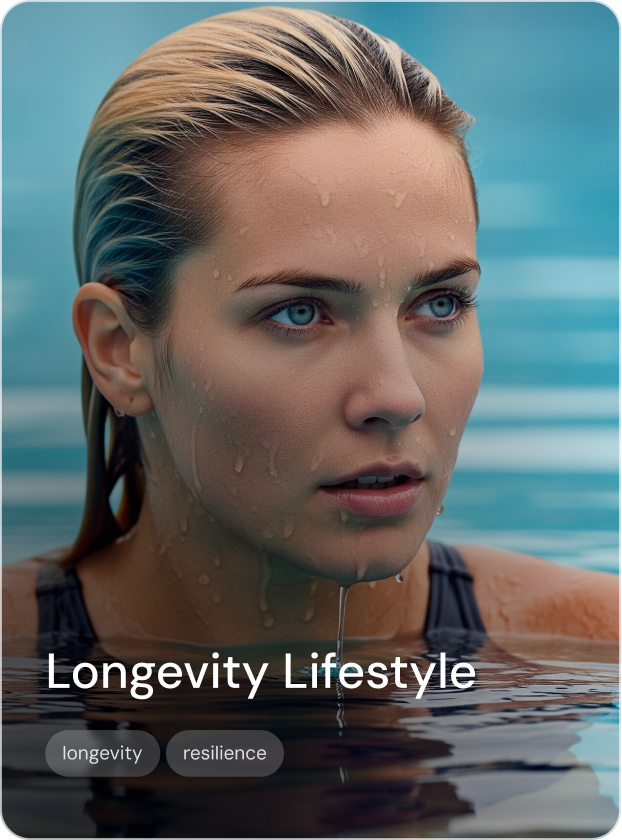 A woman with blonde hair and blue eyes is partially submerged in water, with water droplets on her face, looking intently into the distance, promoting a longevity lifestyle.