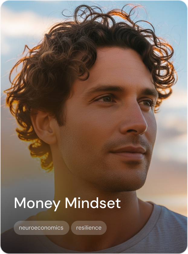 Close-up portrait of a young man with curly hair looking into the distance with a calm expression, outdoors during sunset.