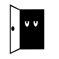 A door slightly ajar with a black rectangle behind it, featuring two white eyes and a crescent-shaped mouth, resembling a hidden or secretive face.