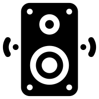 Black speaker with two circular drivers and sound wave icons