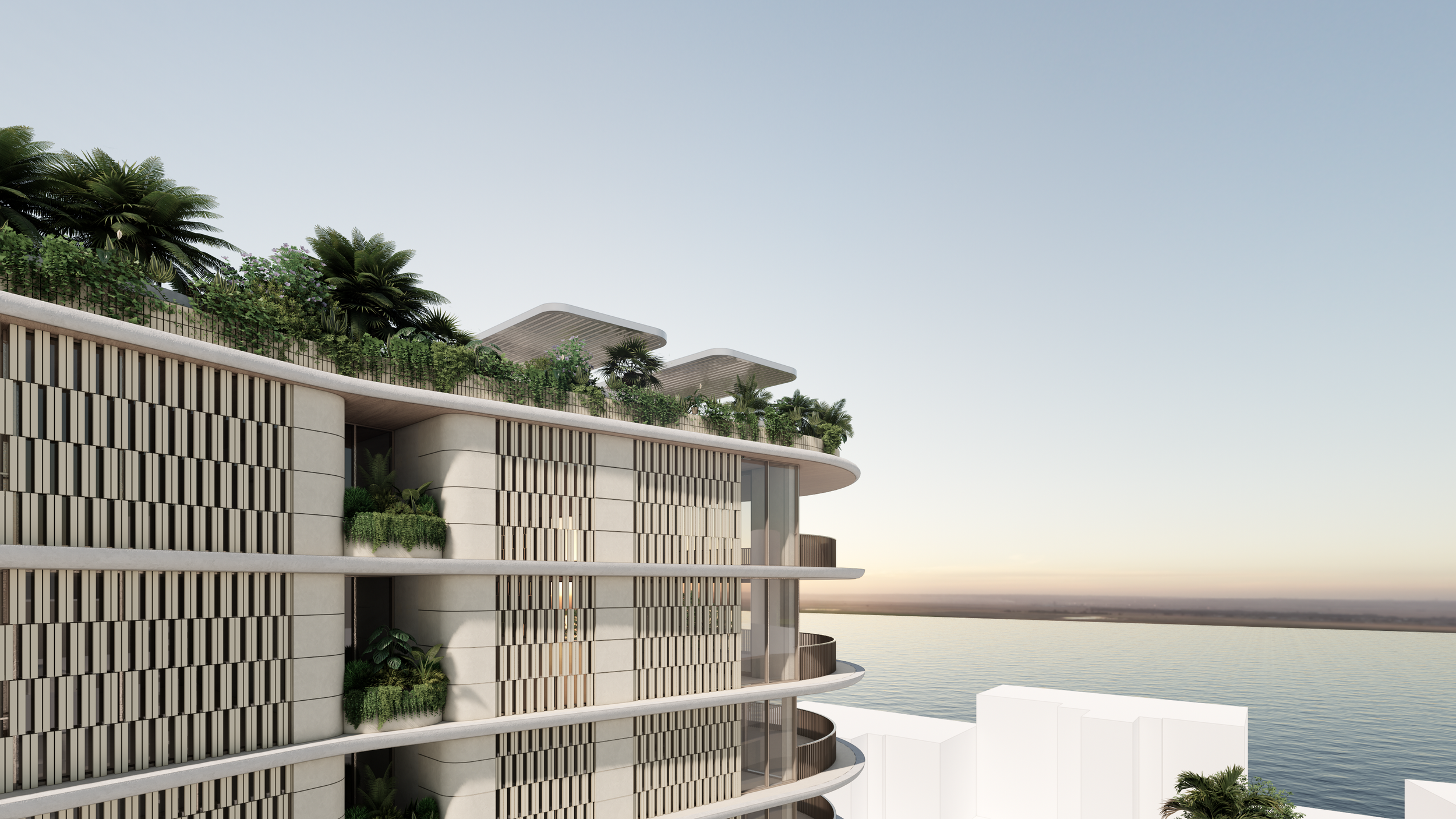 Modern living room and balcony with outdoor dining area, large glass windows, white furniture, and a view of a cityscape and greenery.