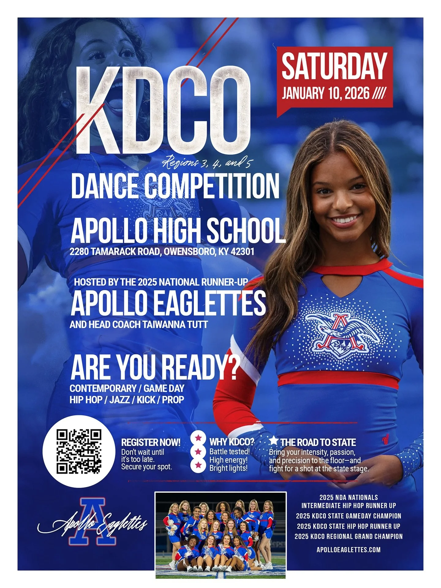 🔥 KDCO REGIONALS ARE COMING TO OWENSBORO! 🔥

The Apollo Eaglettes are proud to host the 2026 KDCO Dance Competition for Regions 3, 4, and 5 &mdash; right here at Apollo High School on Saturday, January 10, 2026! 🏆

Get ready for a full day of high