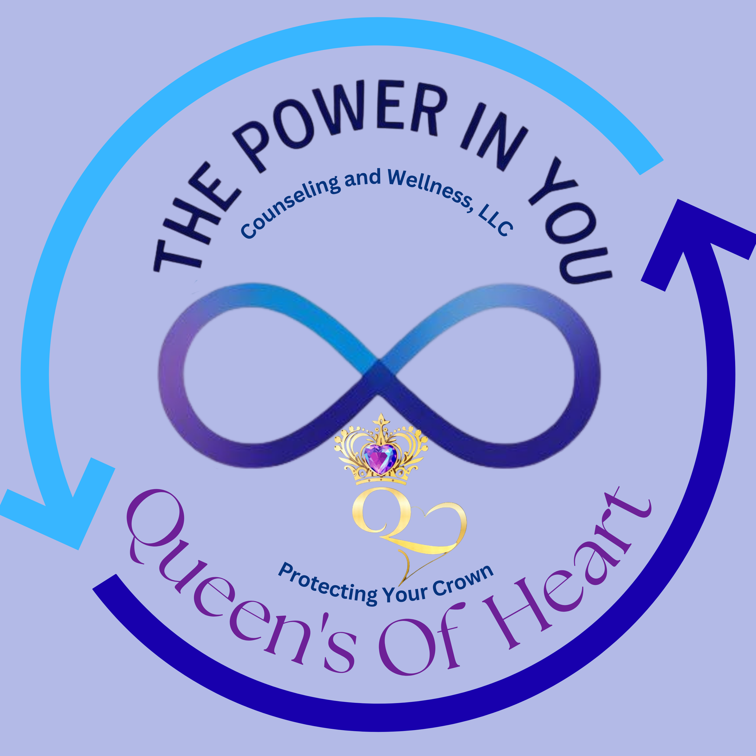 Logo for The Power in You Queen's of Heart Counseling and Wellness, LLC with a blue infinity symbol, a crown with a purple heart, and text 'Protecting Your Crown' and 'Queen's of Heart' on a light blue background.