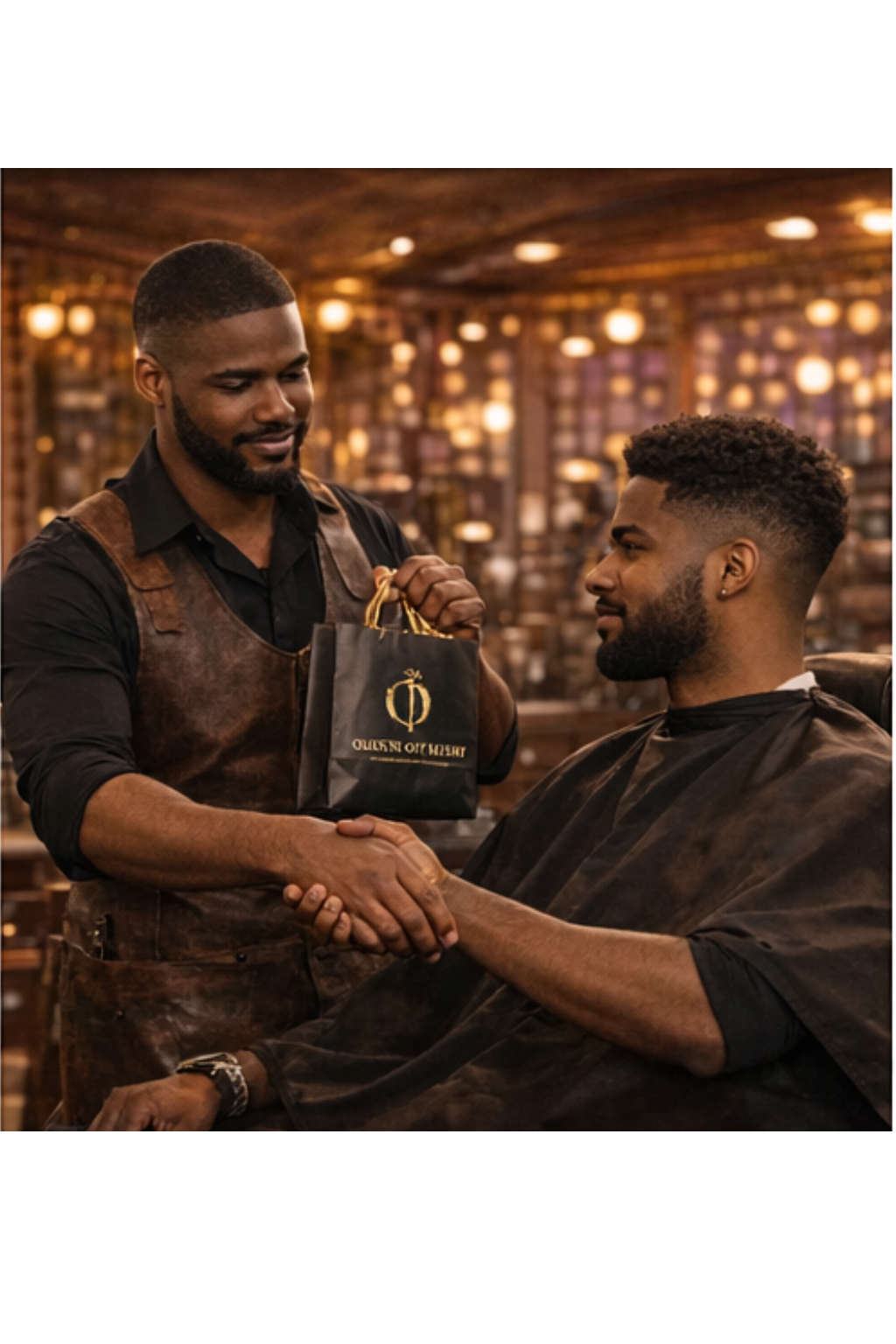 A barber giving a haircut to a male customer, shaking hands, inside a barbershop with warm lighting and wooden shelves in the background.