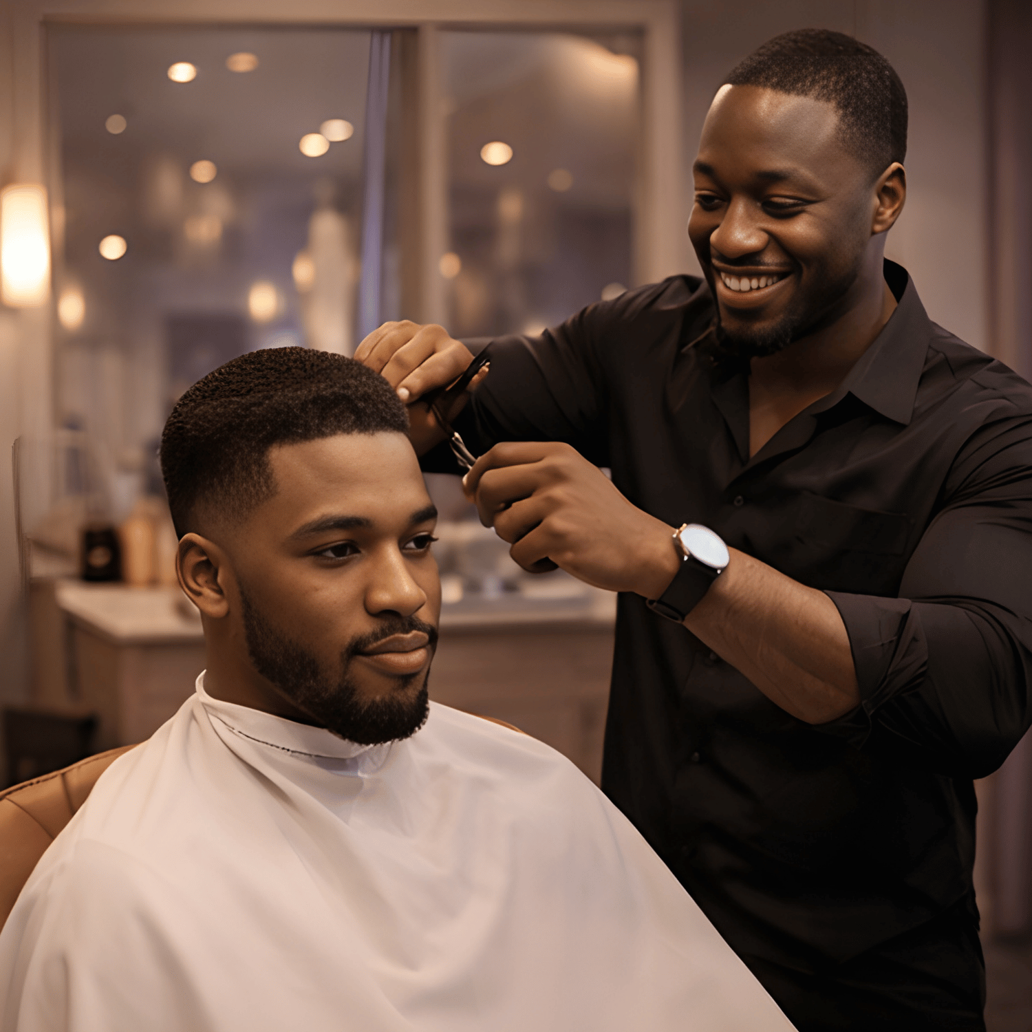 A man getting a haircut at a salon, seated with a white cape, while the hairstylist smiles and trims his hair.