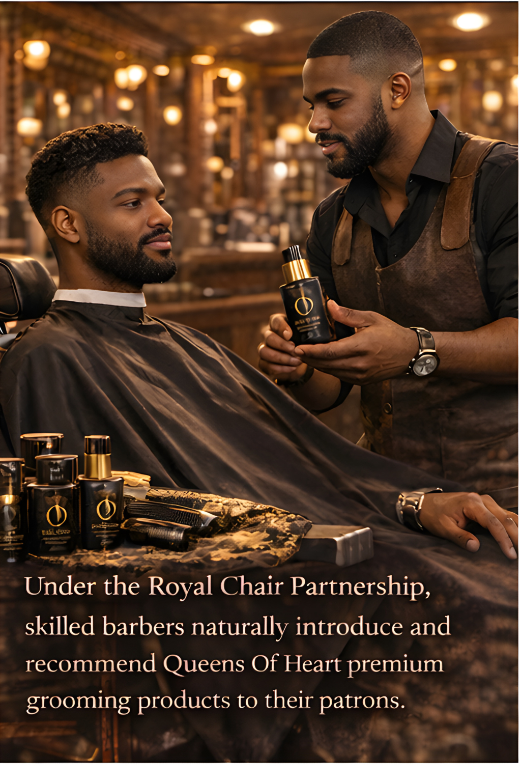A barber applies grooming products from Queens Of Heart to a male customer in a barbershop, with grooming products displayed on the counter in front.
