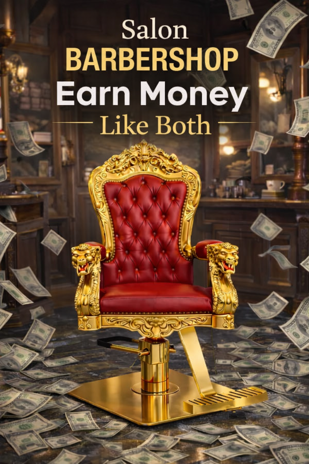Luxury red and gold barber's chair in a wooden room with dollar bills falling around and in the background. Text on the image reads 'Salon BARBERSHOP Earn Money Like Both'.